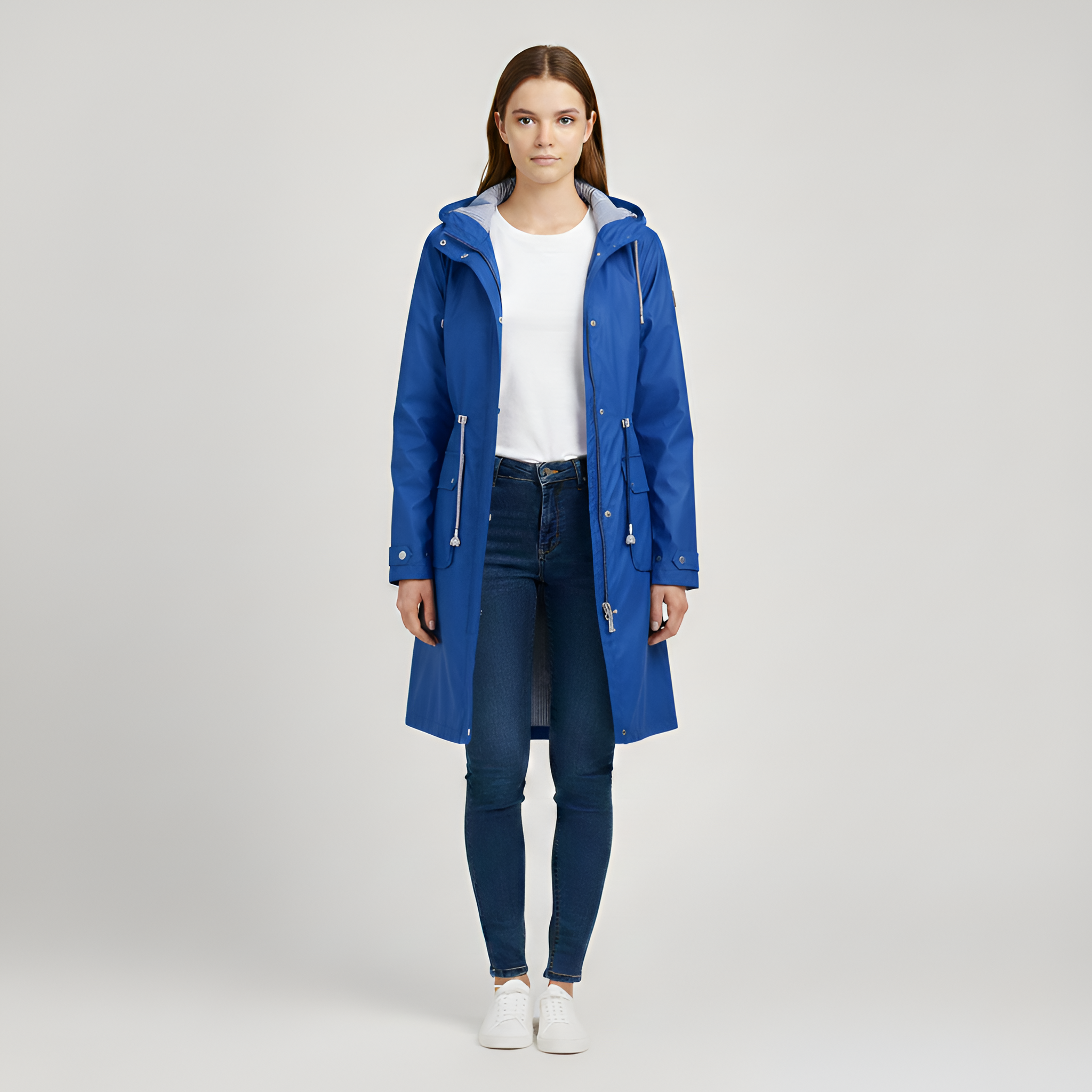 Women’s Hooded Raincoat Mid Length with Zip Closure and Adjustable Waist