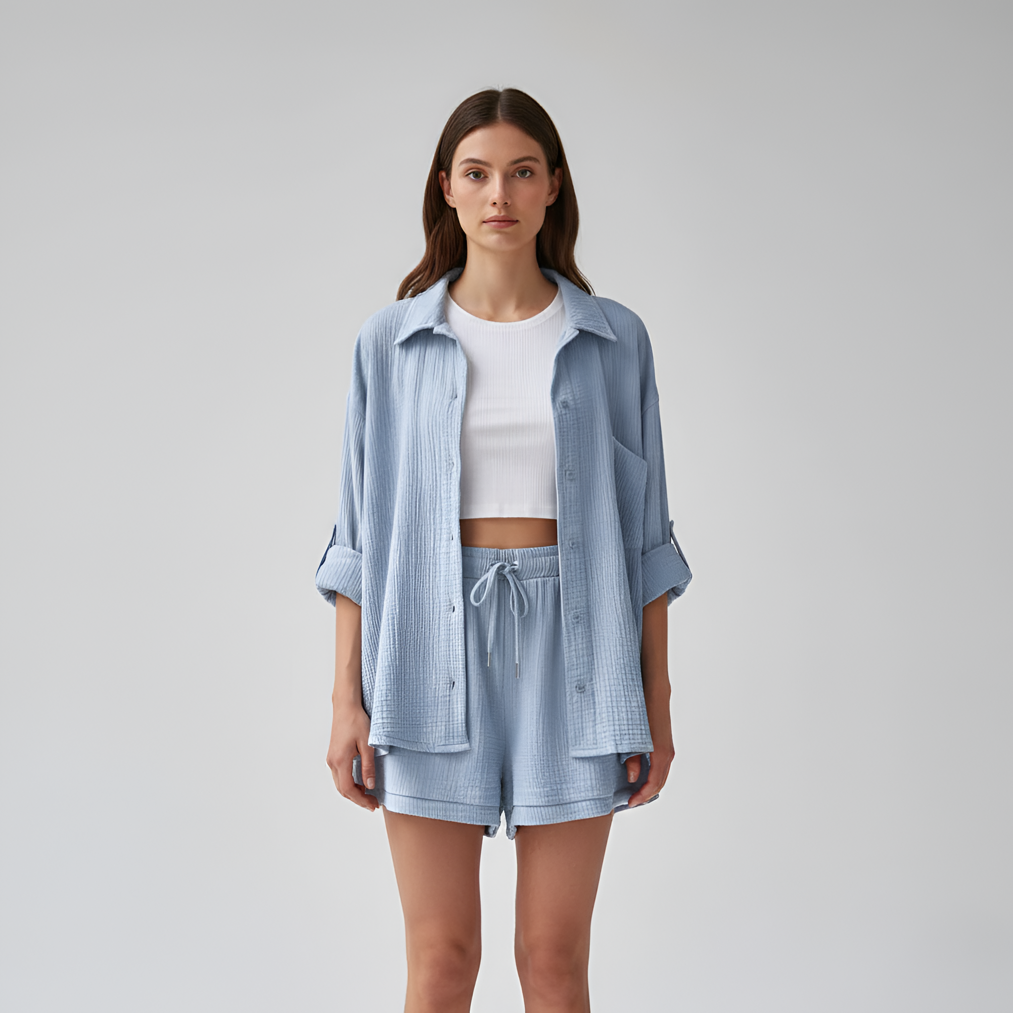 Women’s Cotton Shorts Set with Button Down Shirt and Drawstring Waist