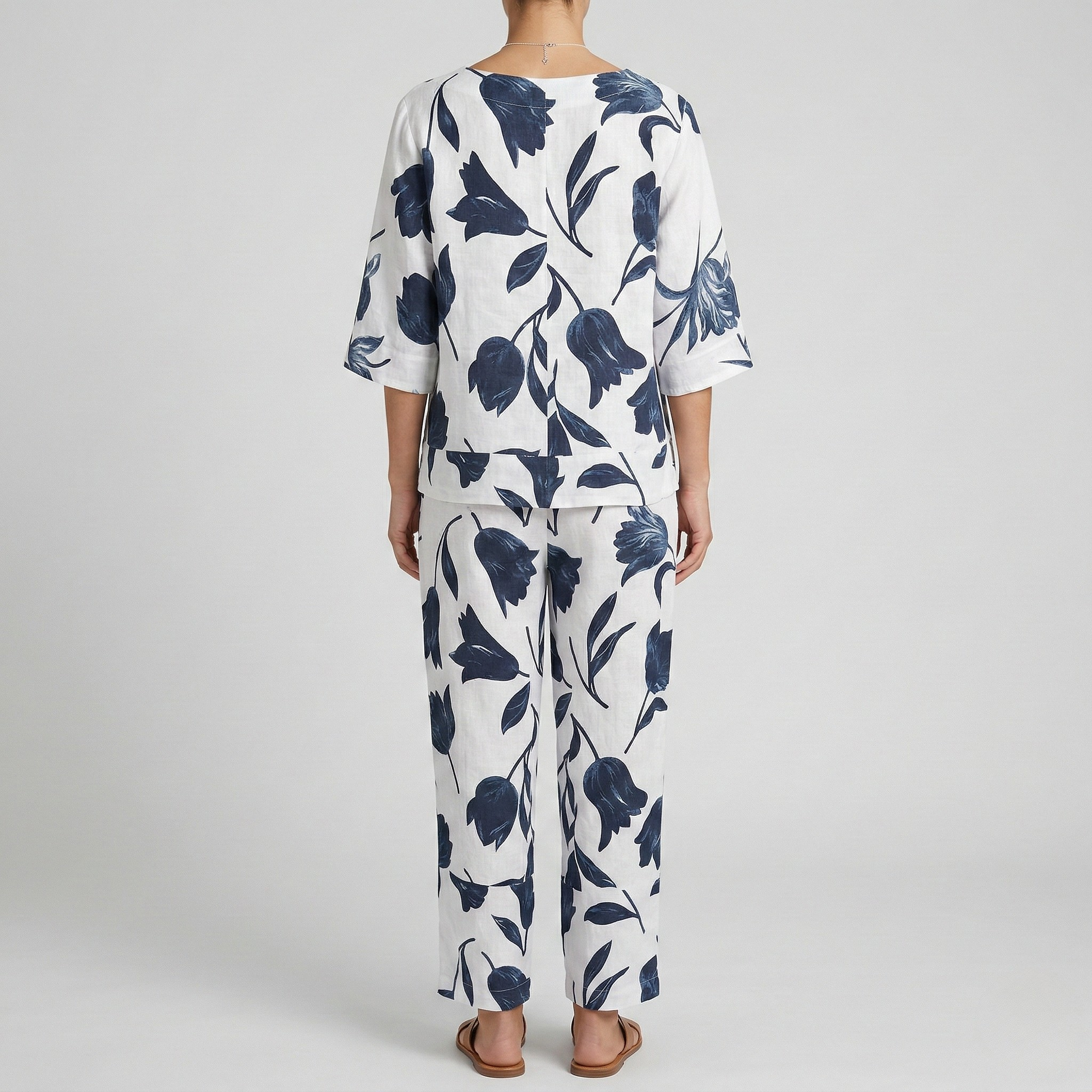 Women’s Cotton Linen Floral Print Blouse V-Neck Button Front Loose Fit Top