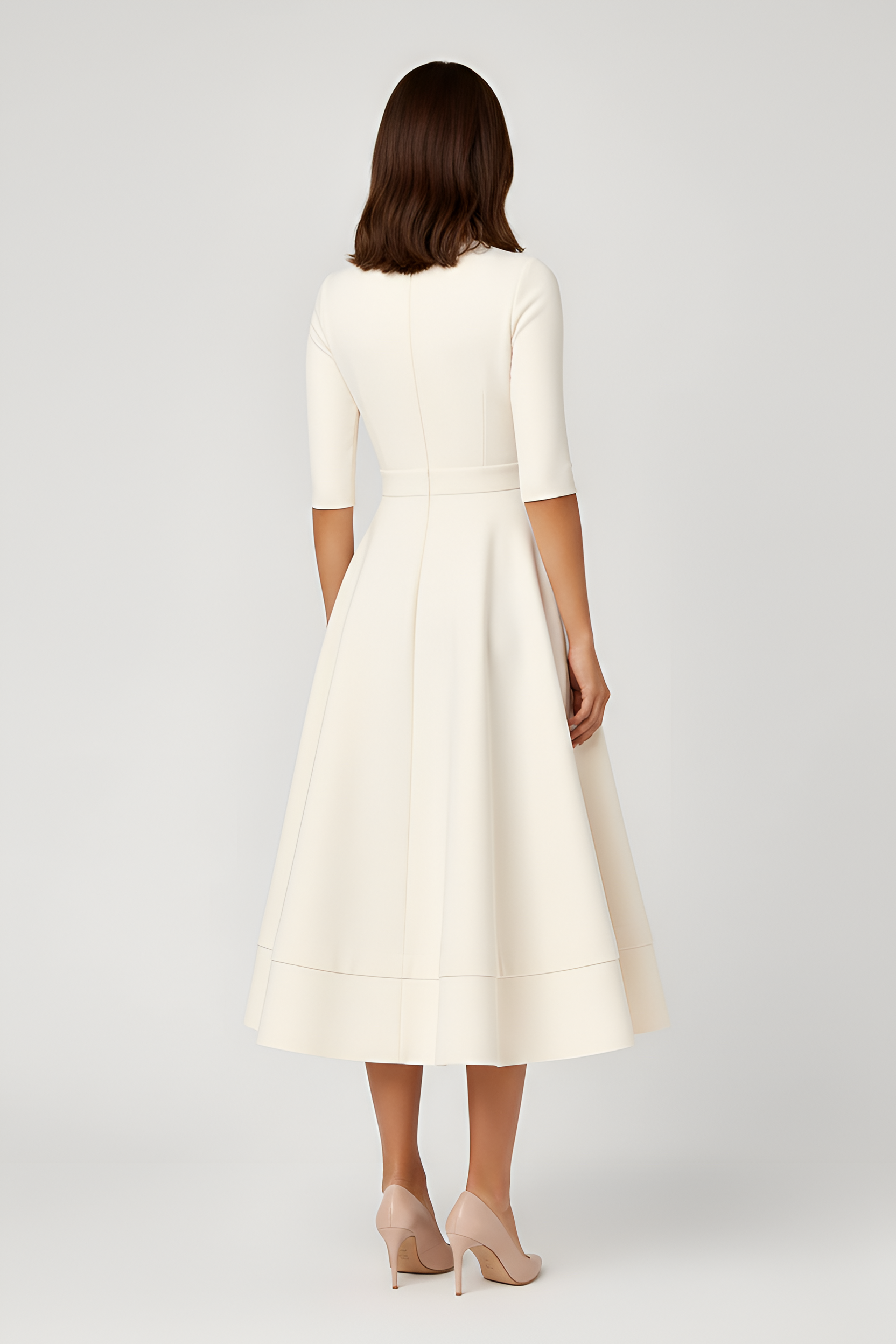 Γυναικείο φόρεμα με λαιμόκοψη σε σχήμα V, μεσαίο μήκος και μανίκια τριών τετάρτων