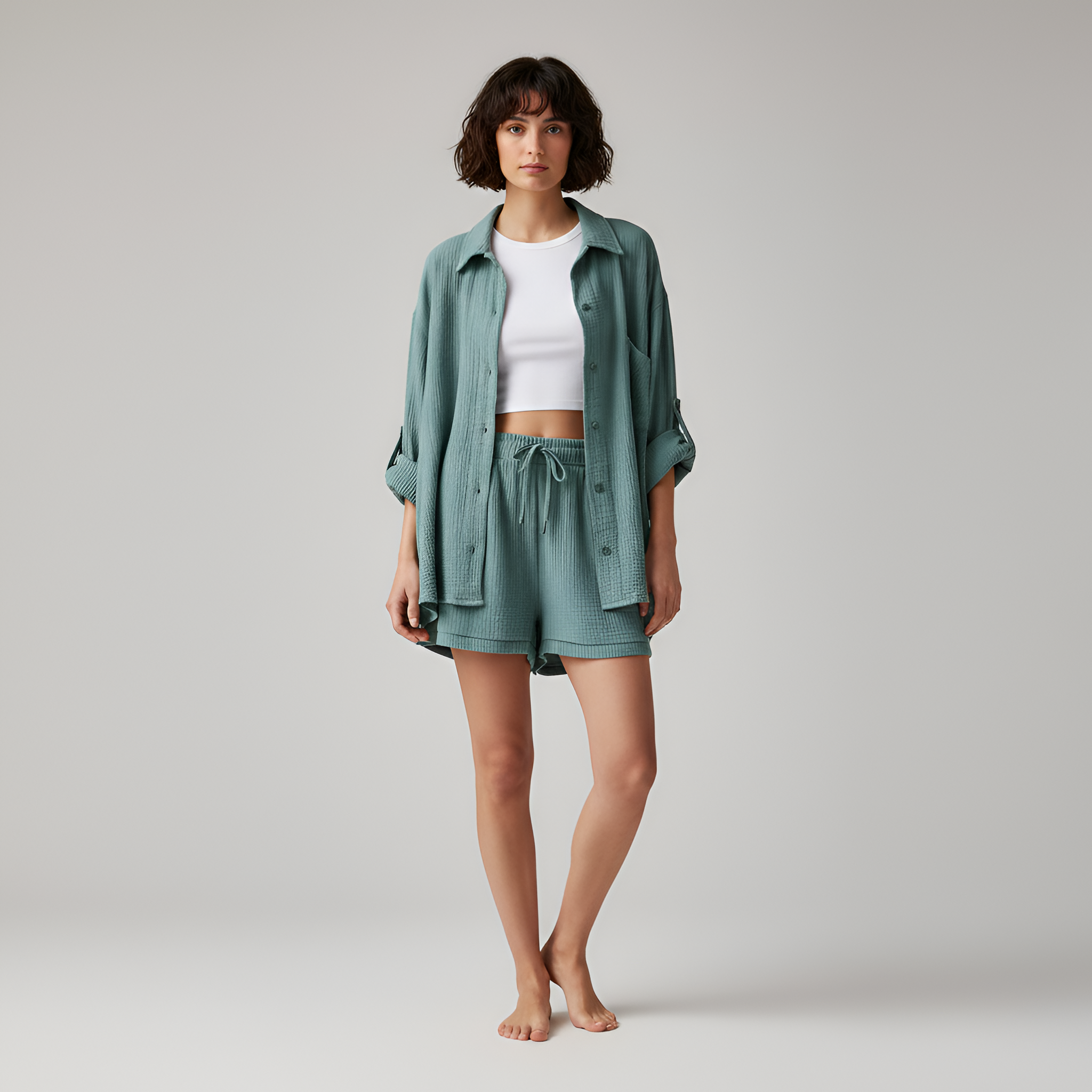 Women’s Cotton Shorts Set with Button Down Shirt and Drawstring Waist