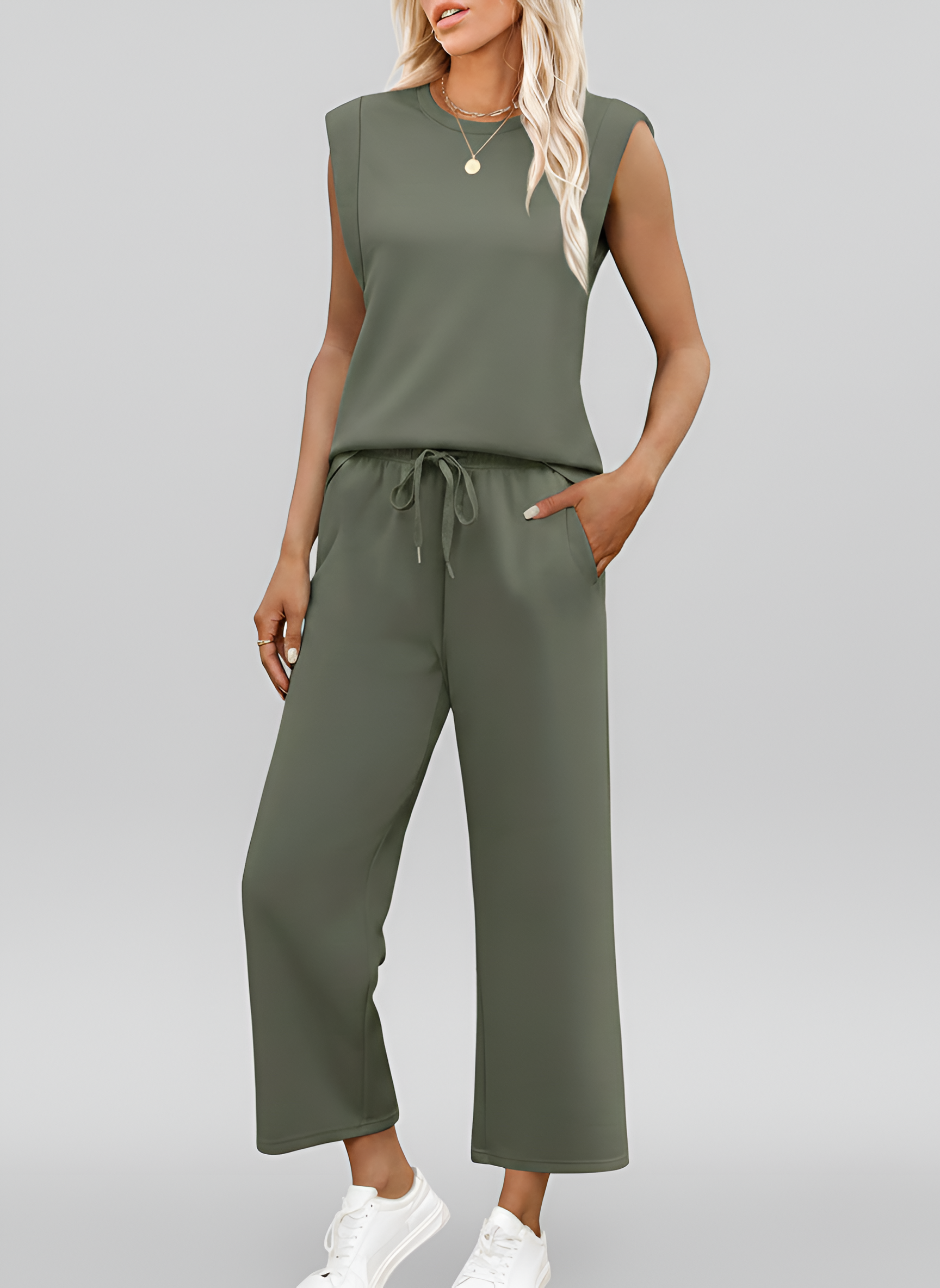 Ensemble détente deux pièces pour femme : haut sans manches et pantalon large