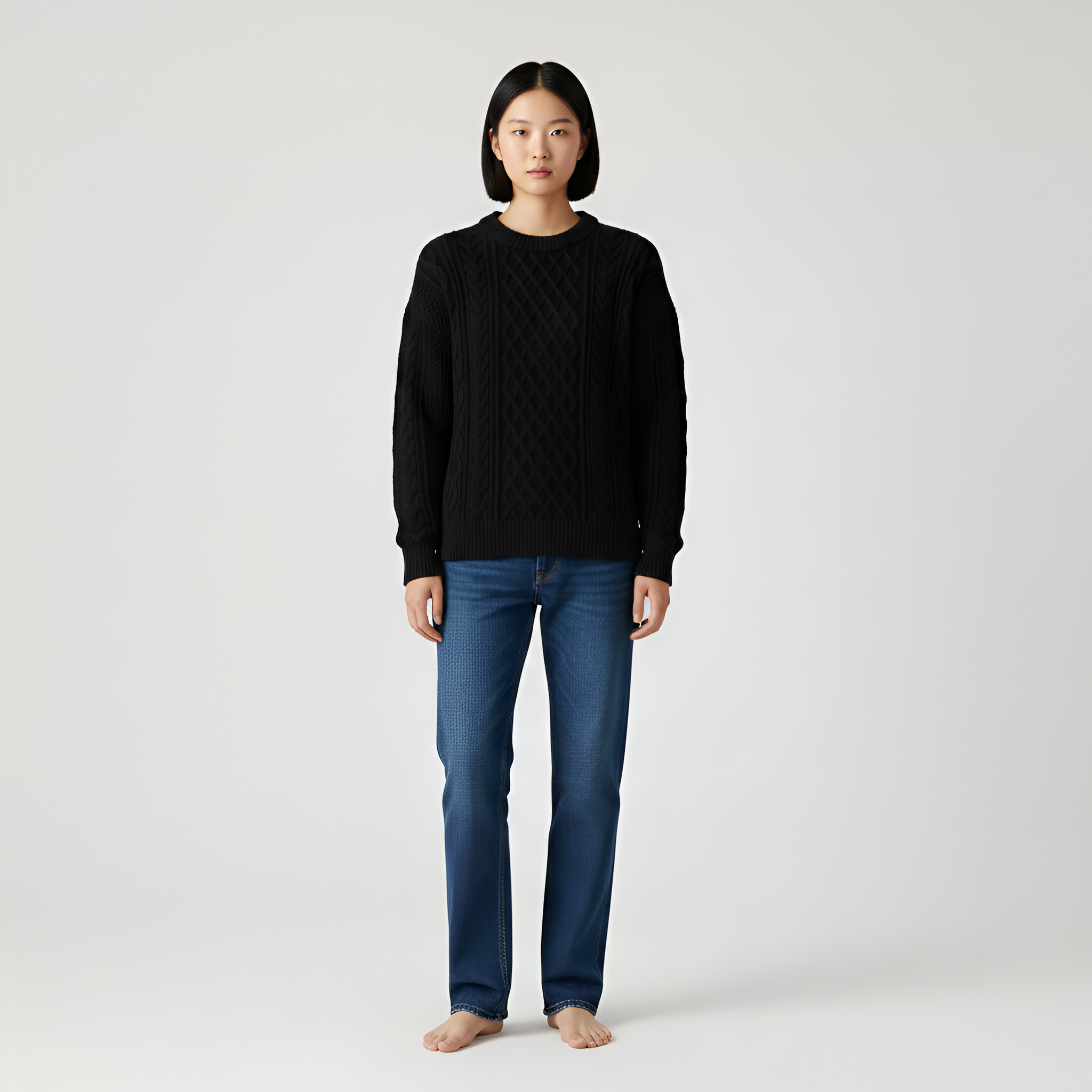 Dámský svetr s copánkovým vzorem, kulatý výstřih, dlouhý rukáv