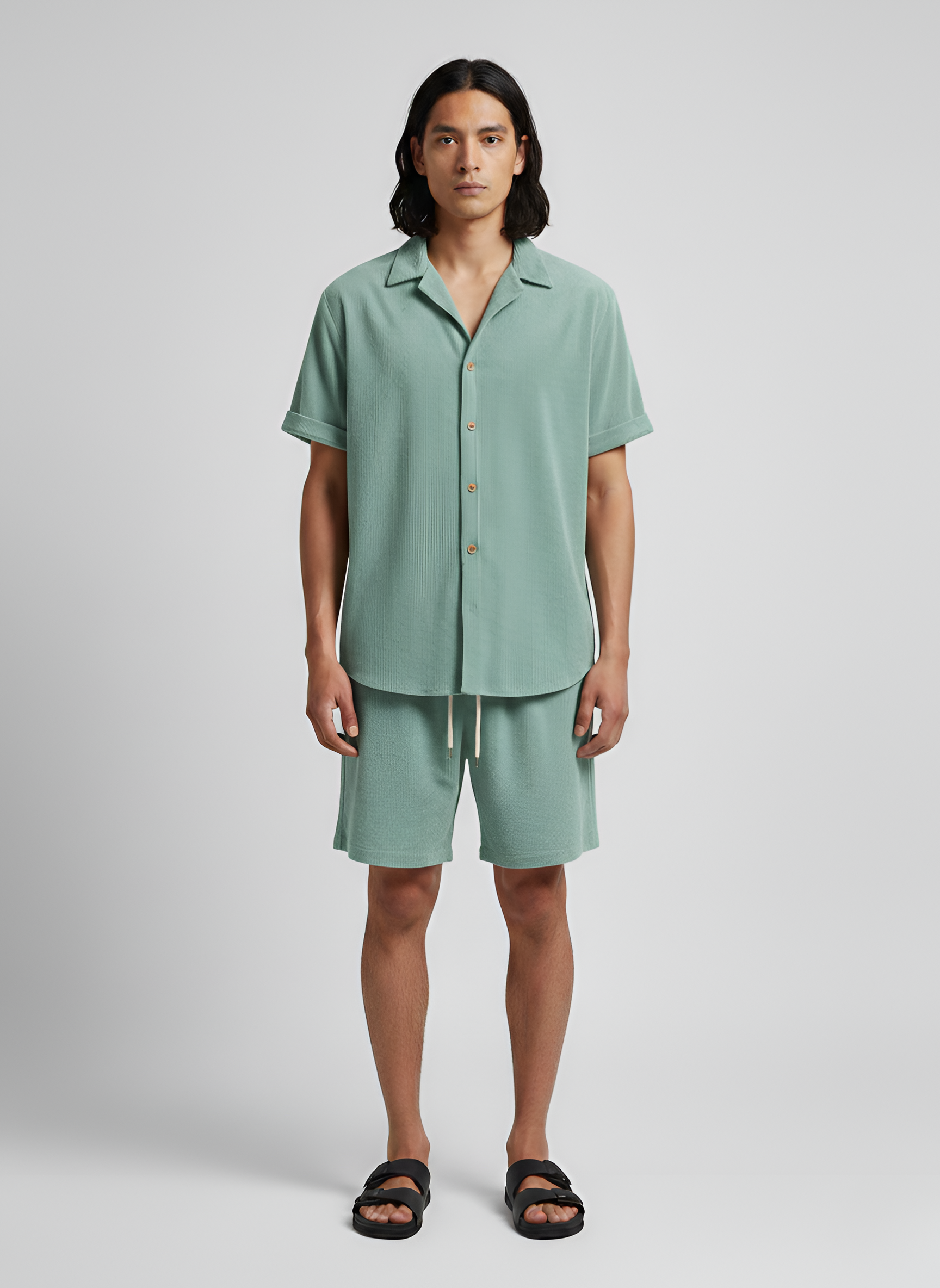 Σετ Ανδρικό Πουκάμισο με Κοντό Μανίκι και Βερμούδα με Κορδόνι από Βαμβακερό Κοτλέ για Καθημερινή Χρήση