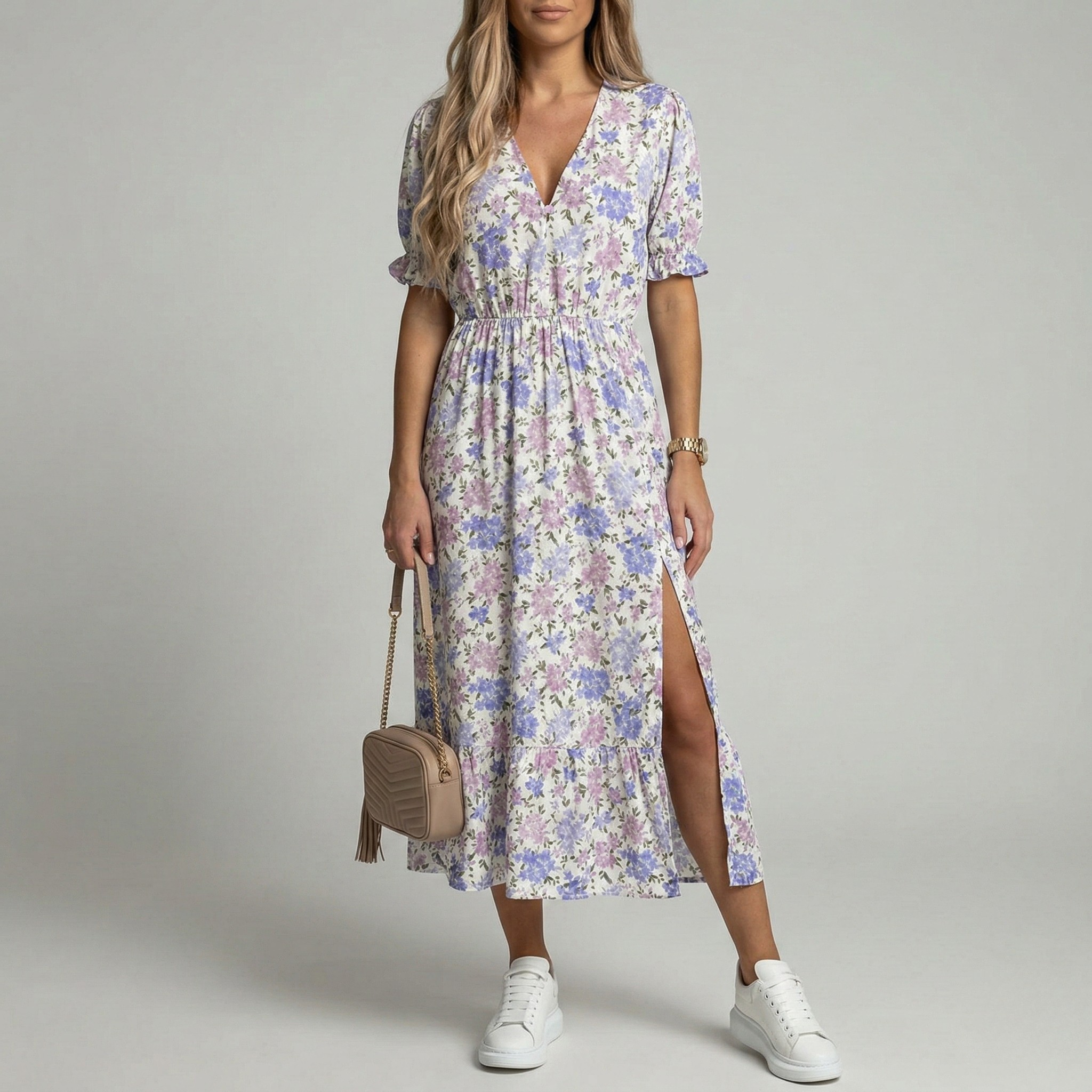 Robe midi d'été pour femmes avec imprimé floral et col en V