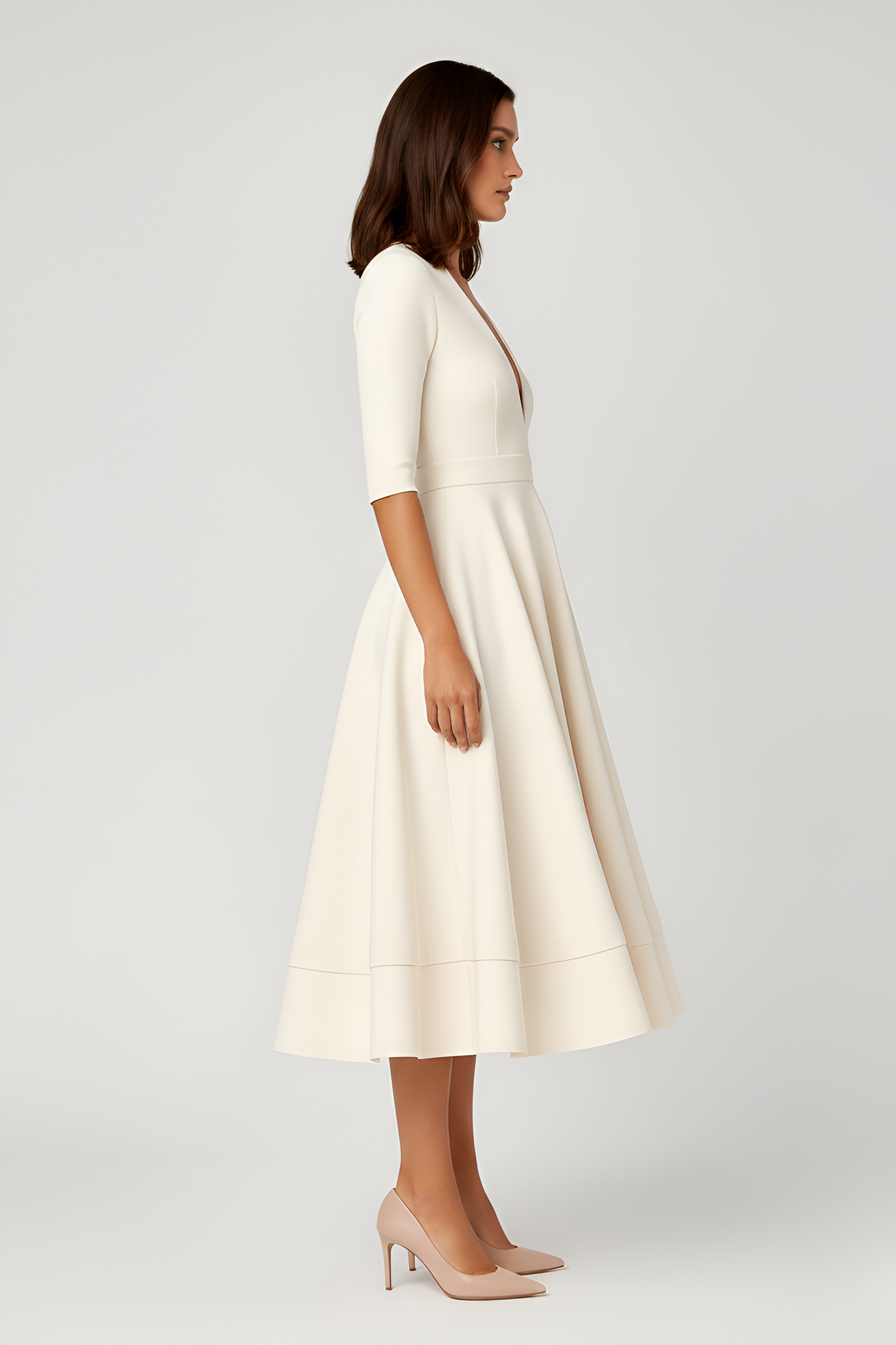 Γυναικείο φόρεμα με λαιμόκοψη σε σχήμα V, μεσαίο μήκος και μανίκια τριών τετάρτων