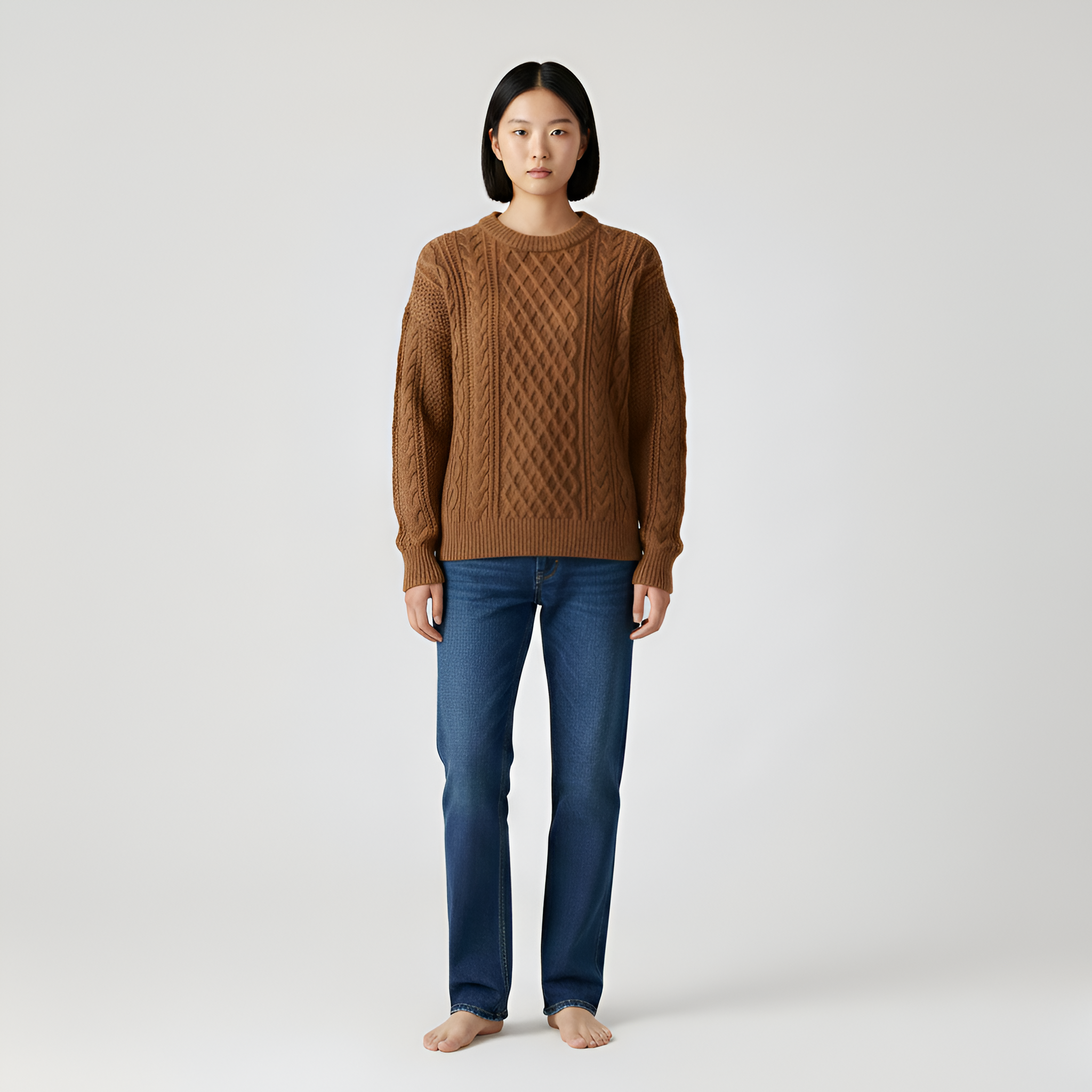 Dámský svetr s copánkovým vzorem, kulatý výstřih, dlouhý rukáv