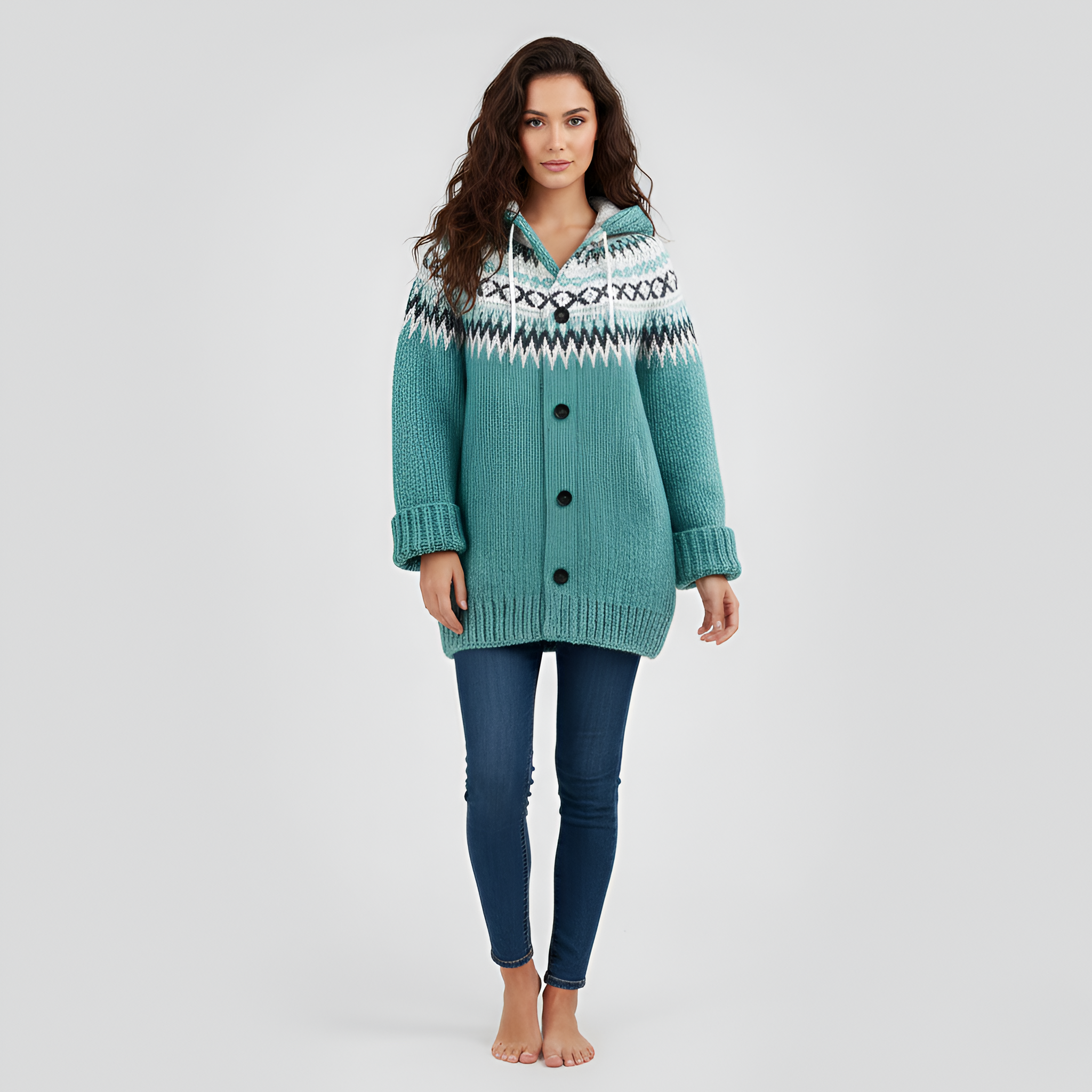 Cardigan gros tricotat cu glugă pentru femei, cu nasturi în față, pulover de iarnă