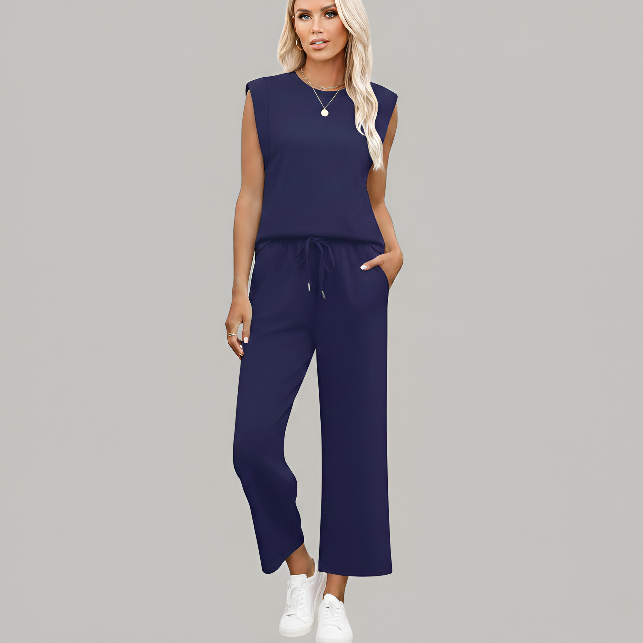 Ensemble détente deux pièces pour femme : haut sans manches et pantalon large