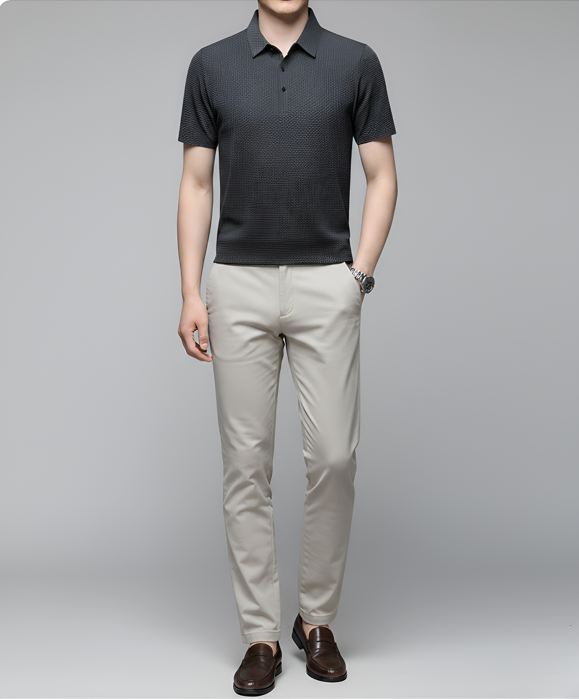 Camiseta tipo polo de punto texturizado para hombre, manga corta, mezcla de algodón, informal y elegante