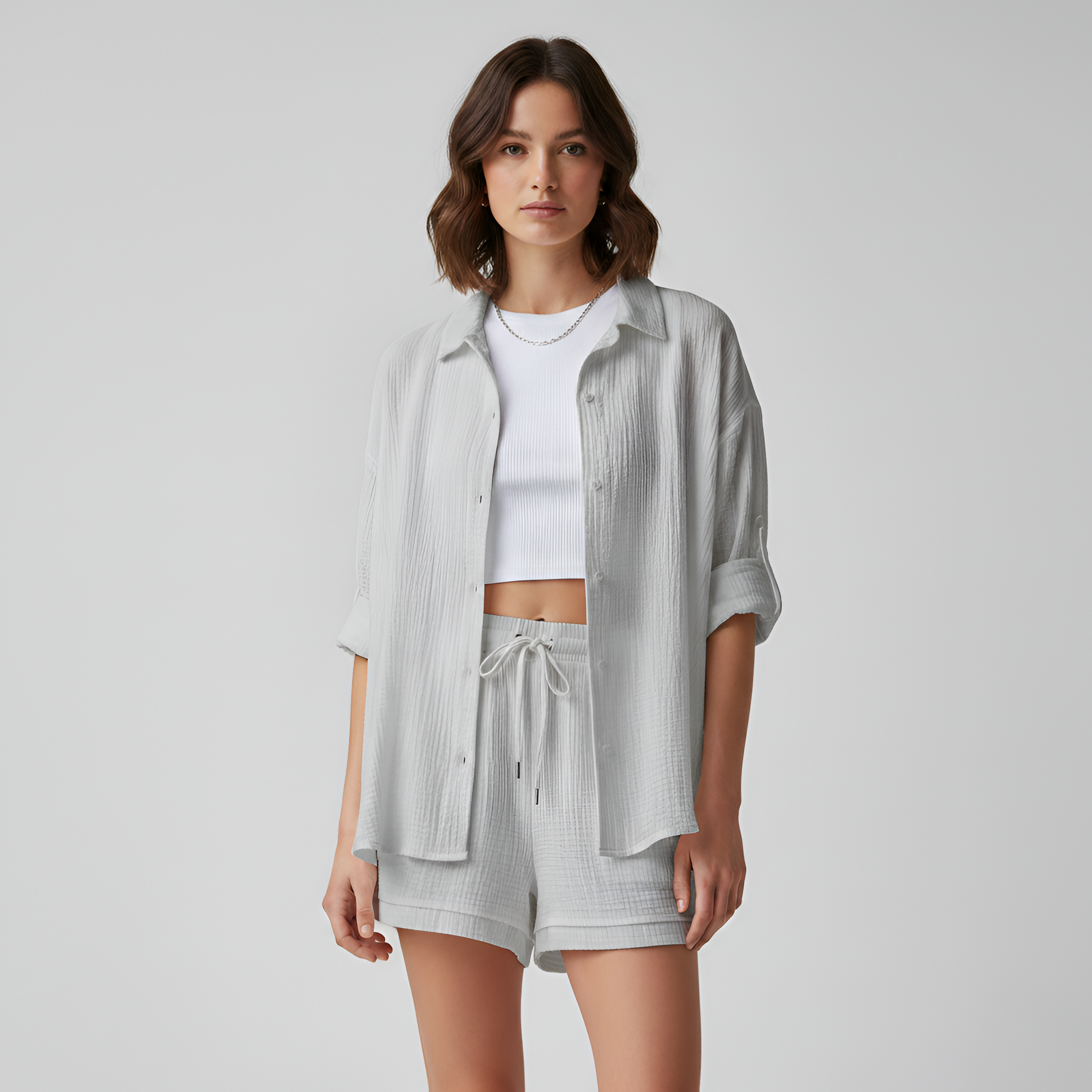 Women’s Cotton Shorts Set with Button Down Shirt and Drawstring Waist