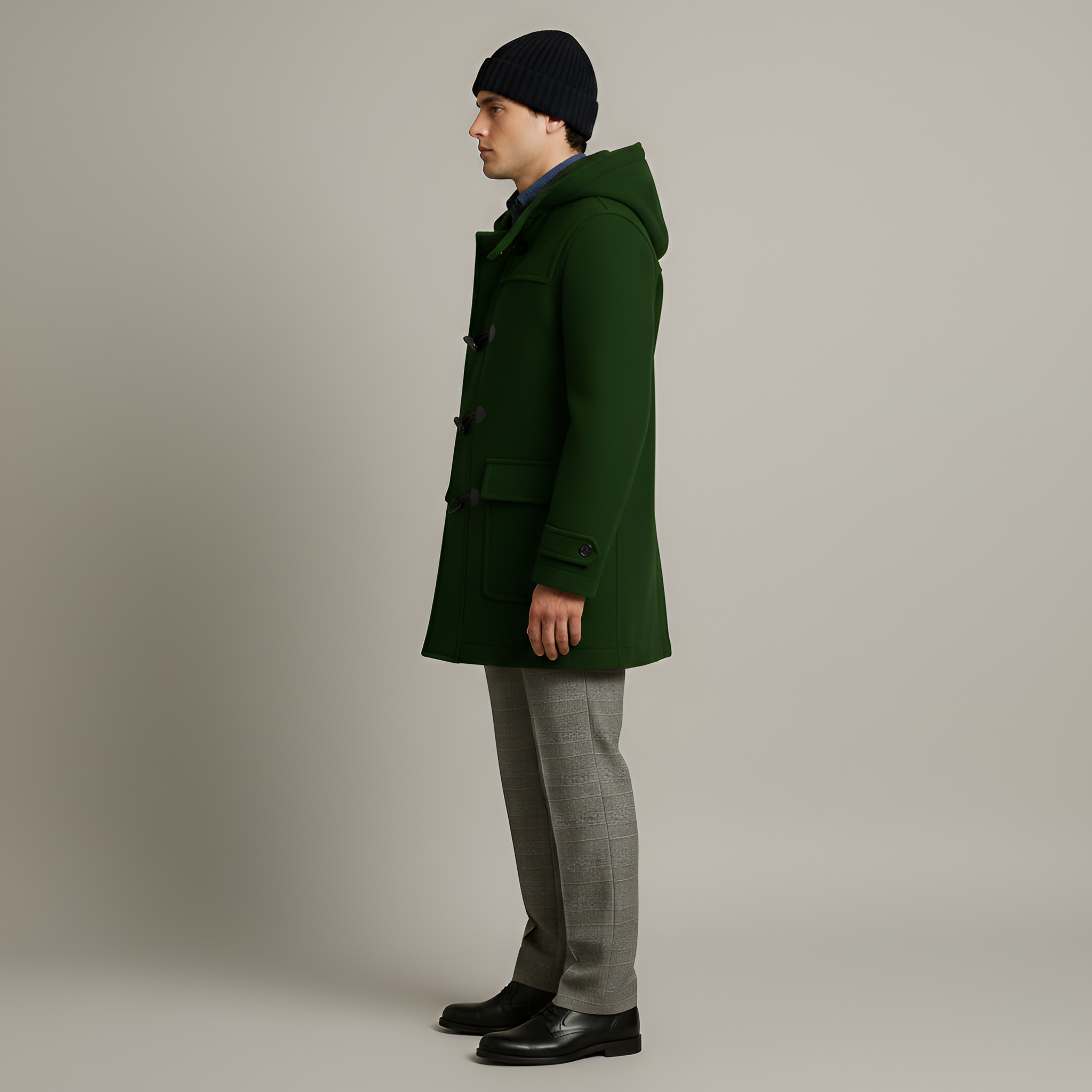 Men’s Wool Duffle Coat Hooded Winter Jacket with Toggle Closure