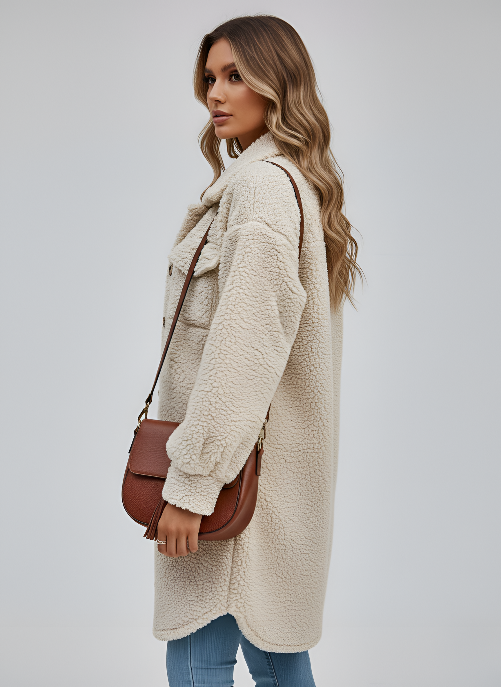 Women’s Faux Shearling Teddy Coat Mid Length Button Front Winter Jacket