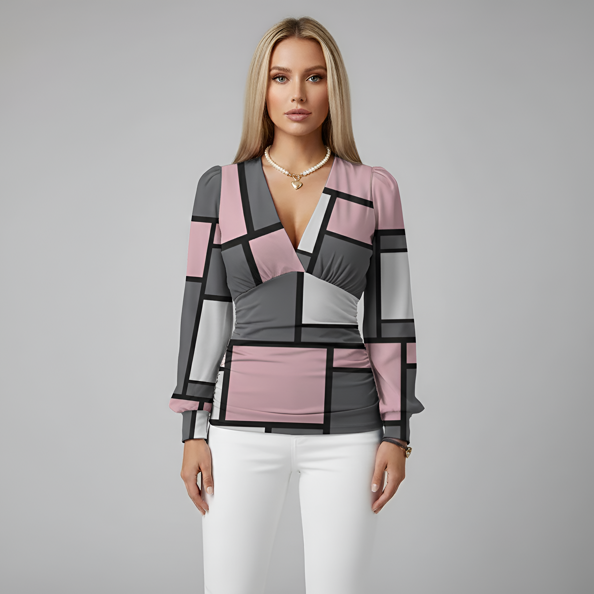 Dámska blúzka s dlhým rukávom, výstrihom do V, potlačená, priliehavý elastický vrch