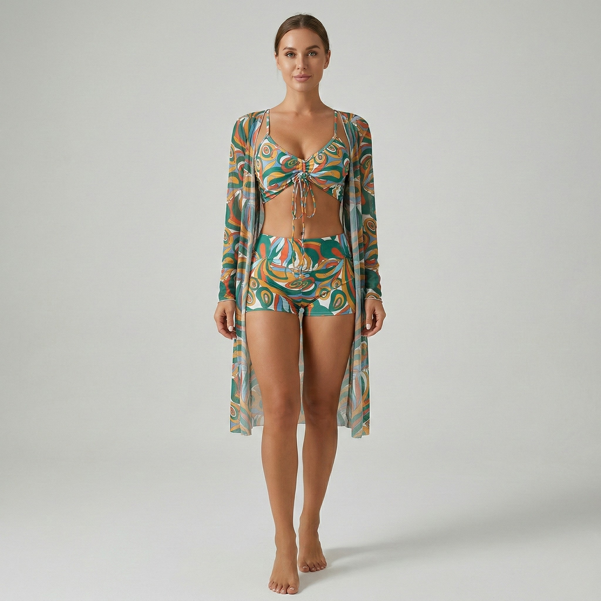 Σετ μαγιό γυναικείο 3 τεμαχίων με τοπ μπικίνι, σορτς και μακρύ κάρντιγκαν κάλυψης