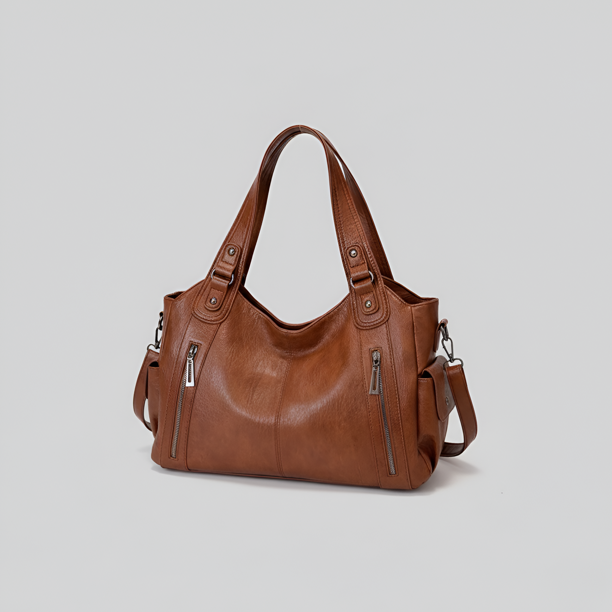Sac fourre-tout pour femme en cuir véritable avec poches à fermeture éclair et bandoulière