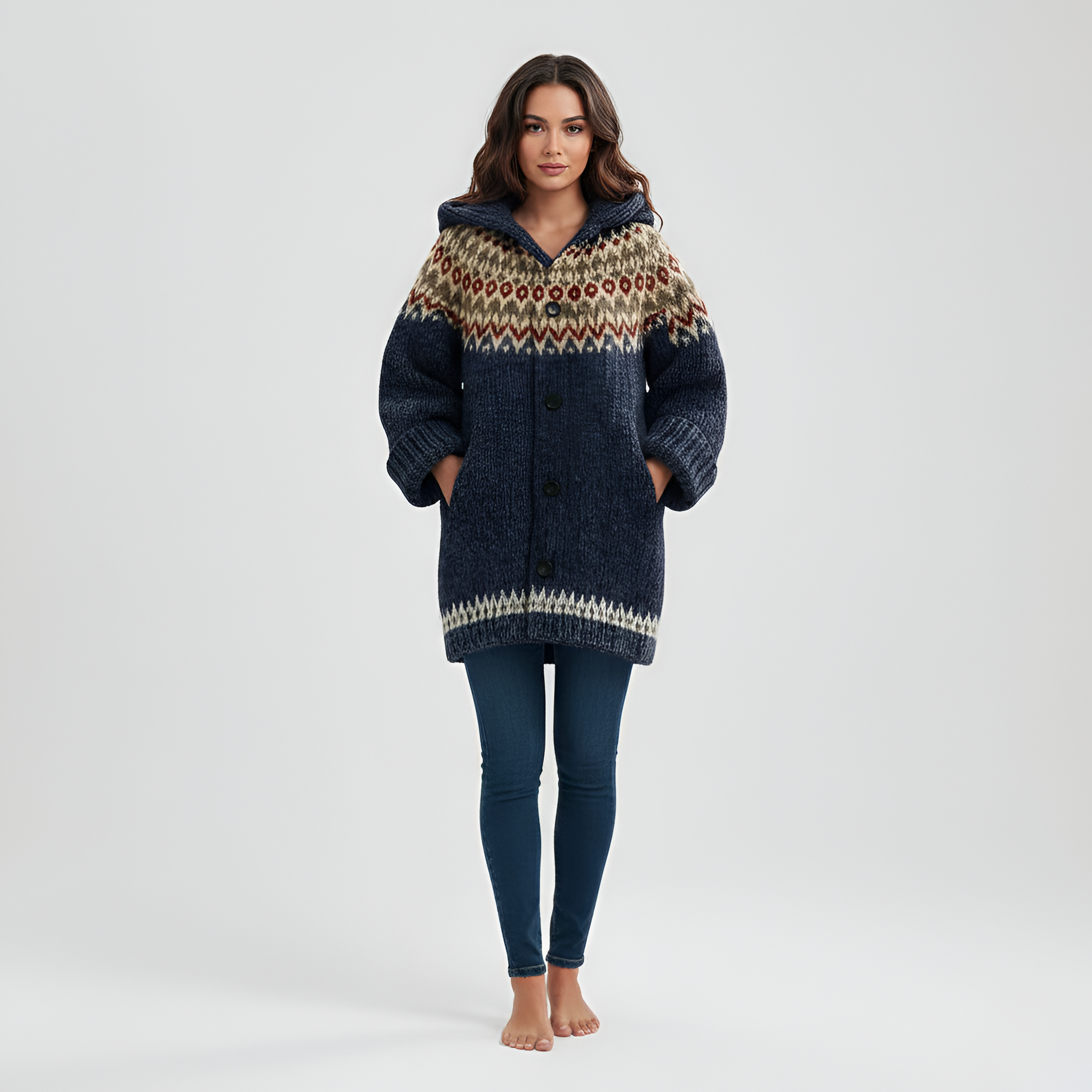 Cardigan gros tricotat cu glugă pentru femei, cu nasturi în față, pulover de iarnă