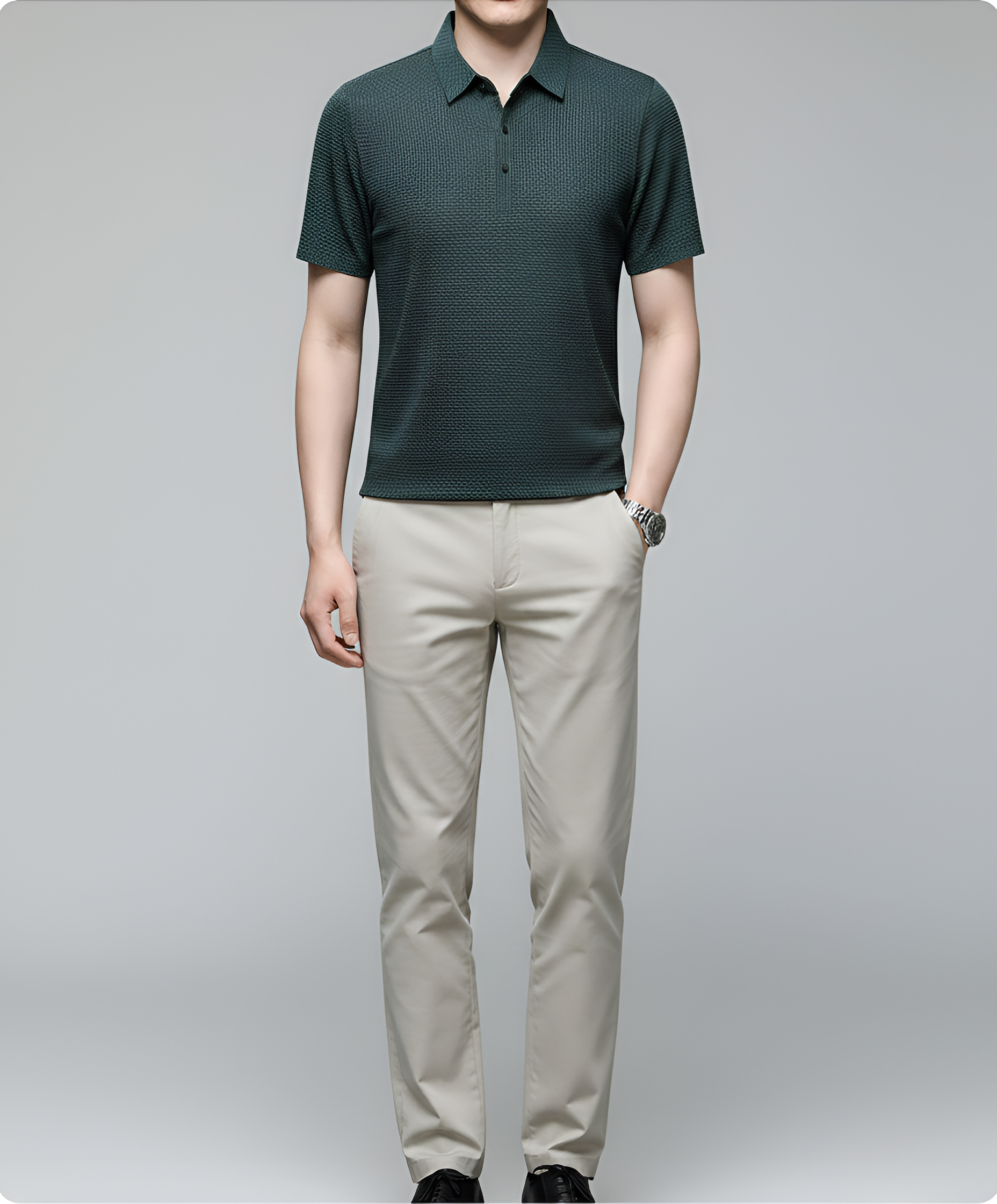 Camiseta tipo polo de punto texturizado para hombre, manga corta, mezcla de algodón, informal y elegante