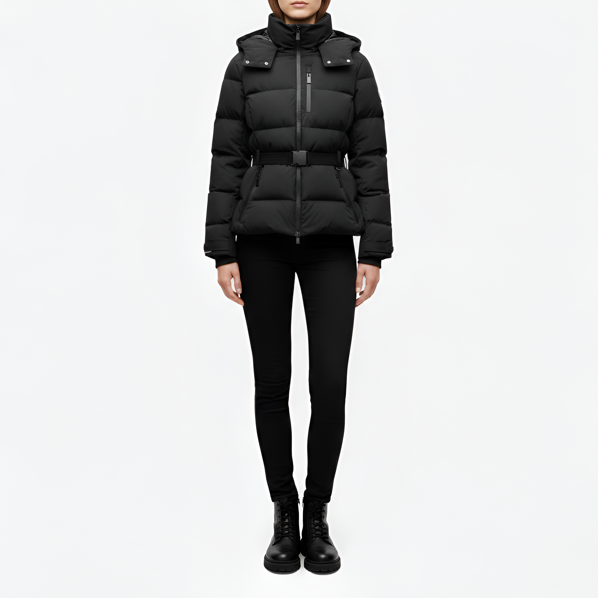 Women’s belted puffer jacket hooded insulated winter coat