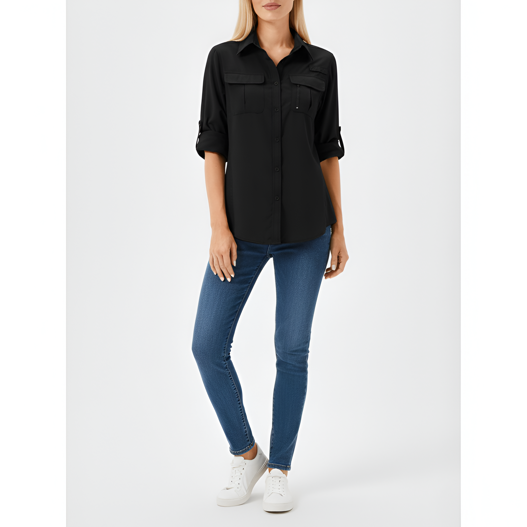 Blusa de mujer con botones de Assuli, camisa casual de manga larga con bolsillos en el pecho