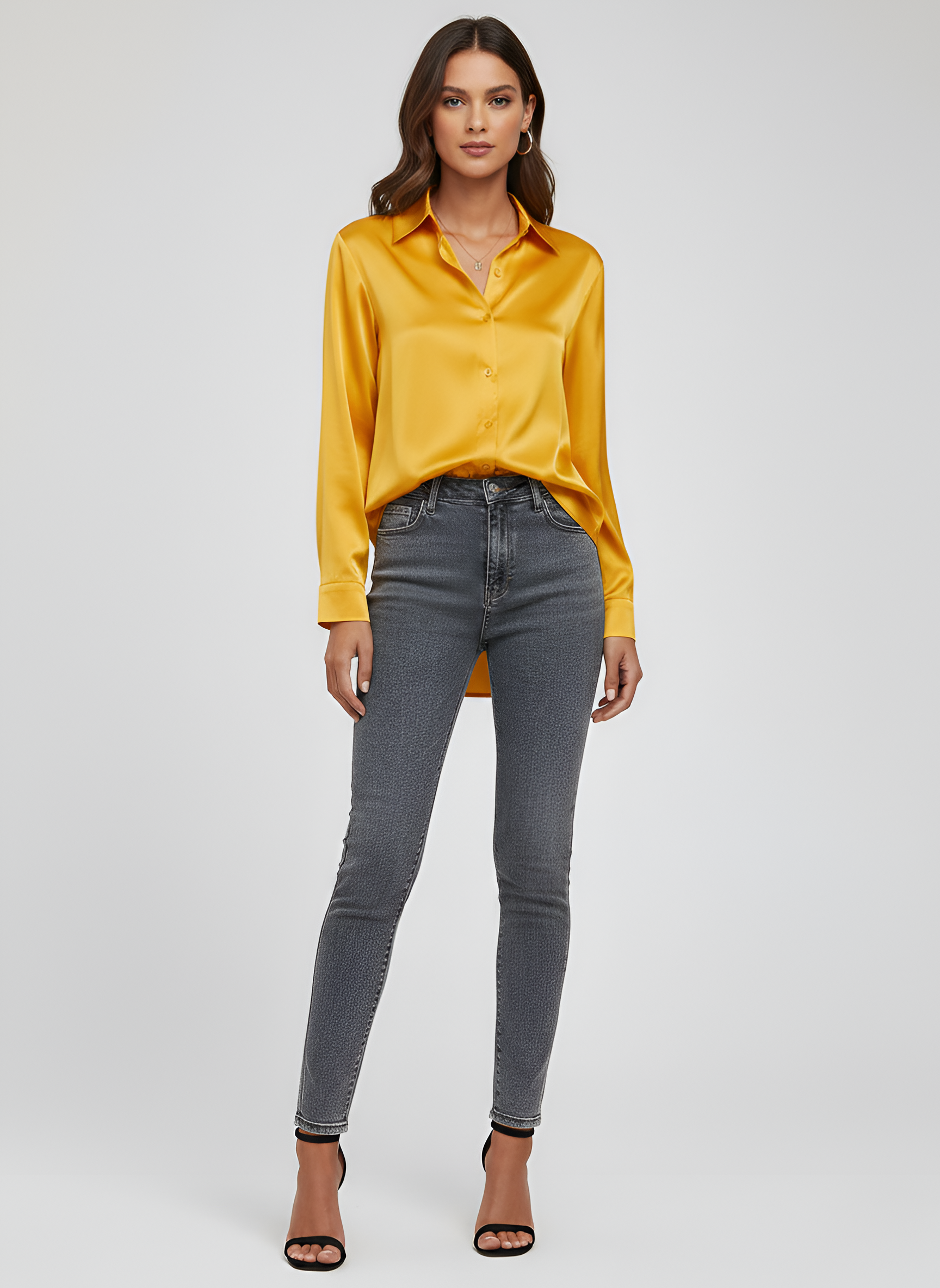 Women’s Satin Tie Front Blouse Long Sleeve Button Up Shirt