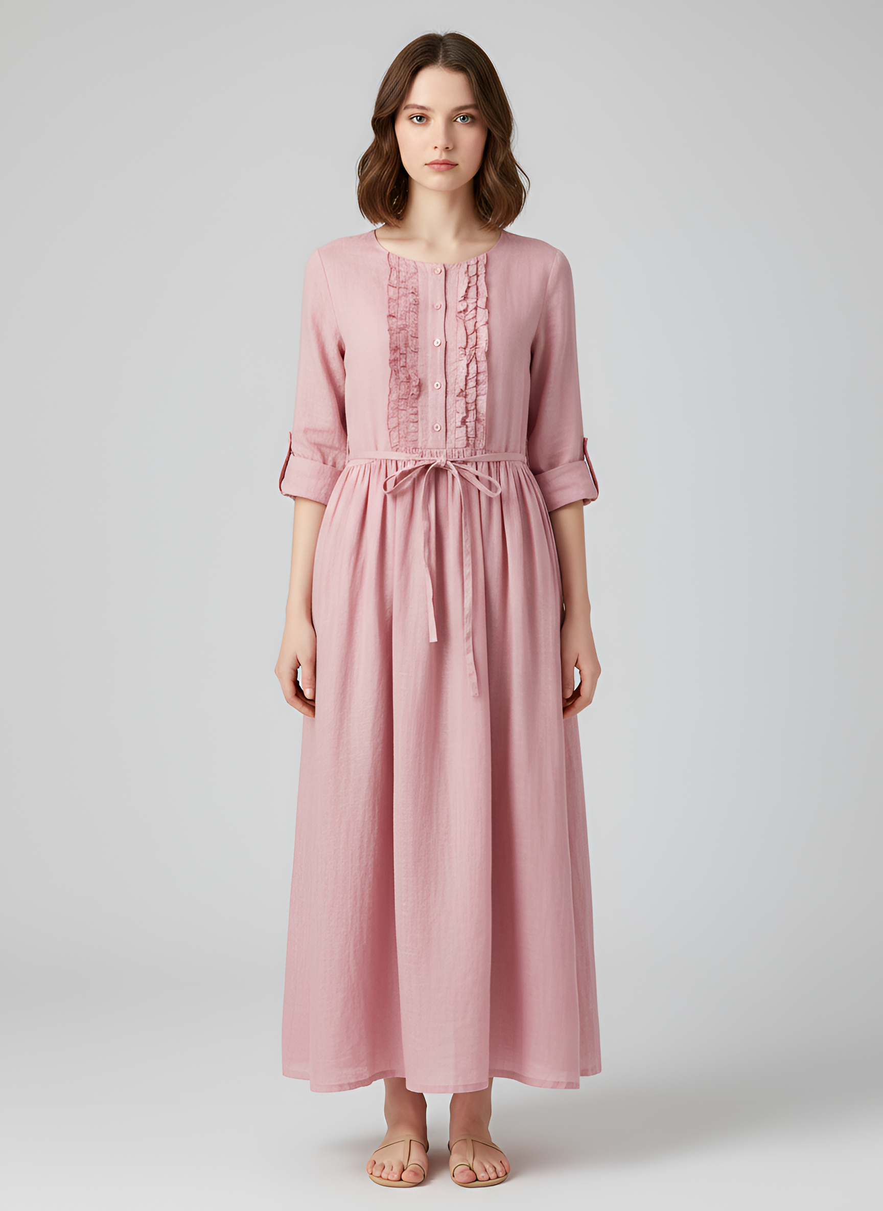 Vestido midi de lino para mujer con manga 3/4, cintura con lazo y corte en A, vestido de verano