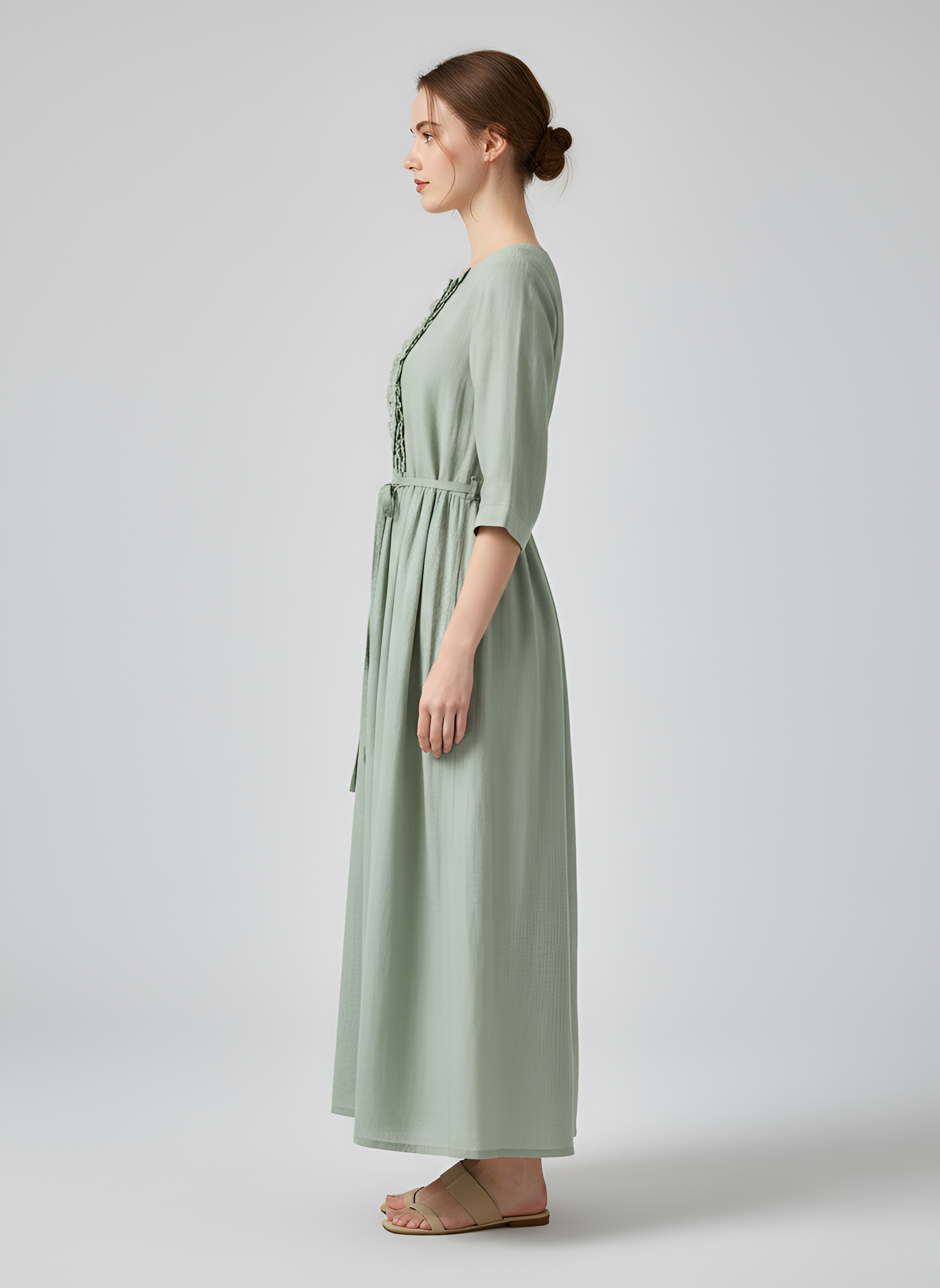 Vestido midi de lino para mujer con manga 3/4, cintura con lazo y corte en A, vestido de verano