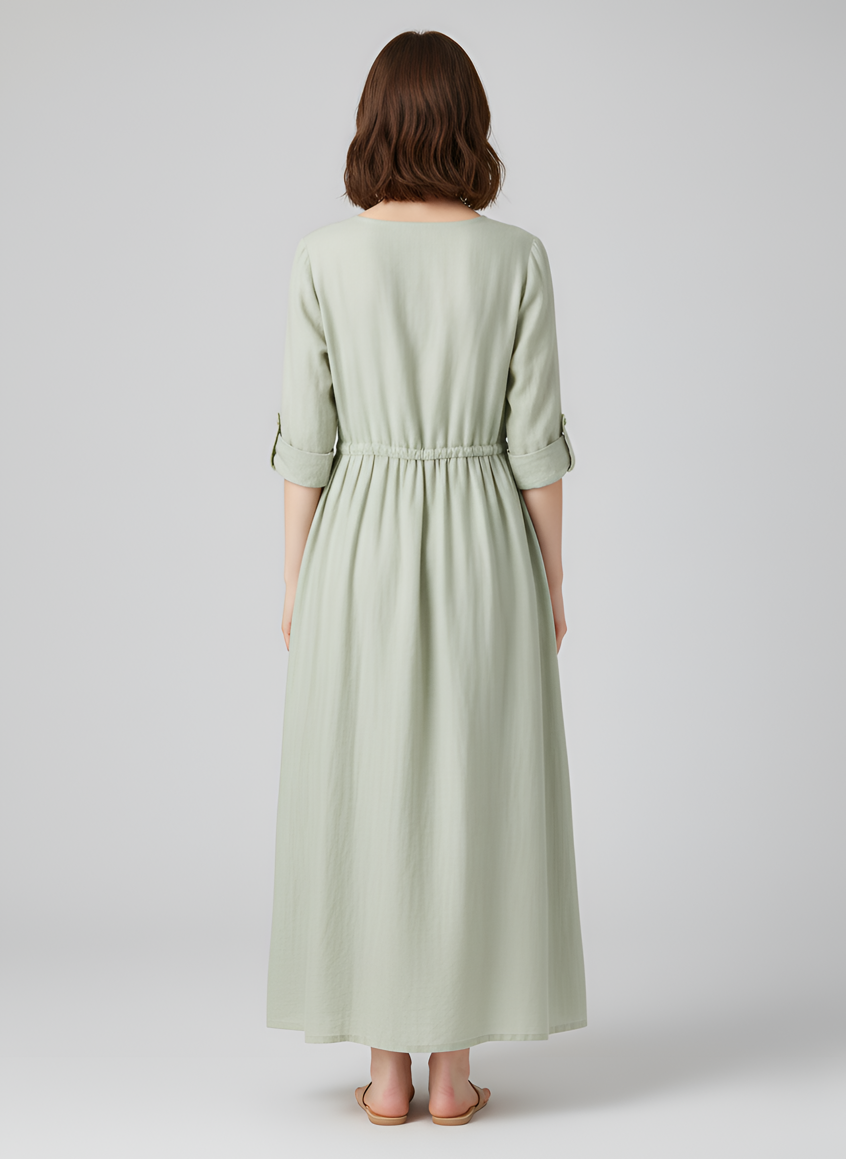 Vestido midi de lino para mujer con manga 3/4, cintura con lazo y corte en A, vestido de verano