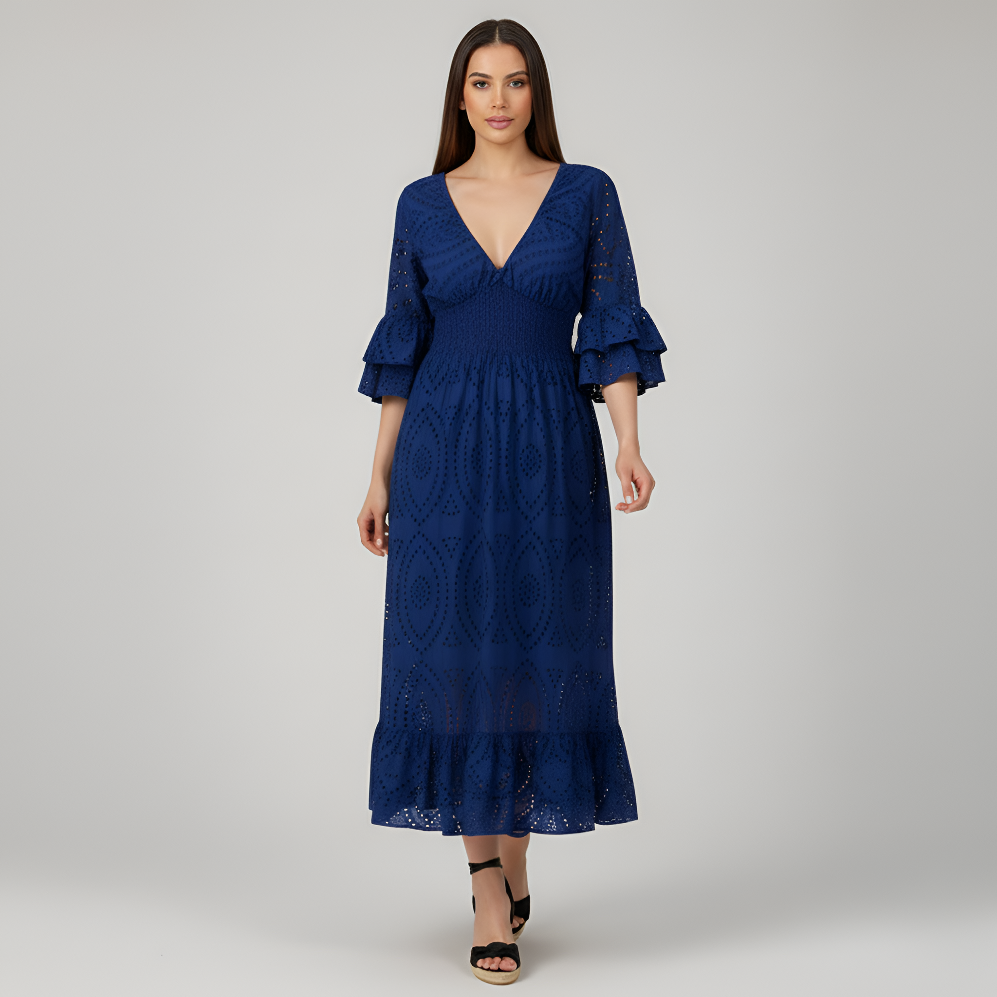 Rochie maxi de vară pentru femei, din dantelă, cu decolteu în V, mâneci cu volane și ochiuri