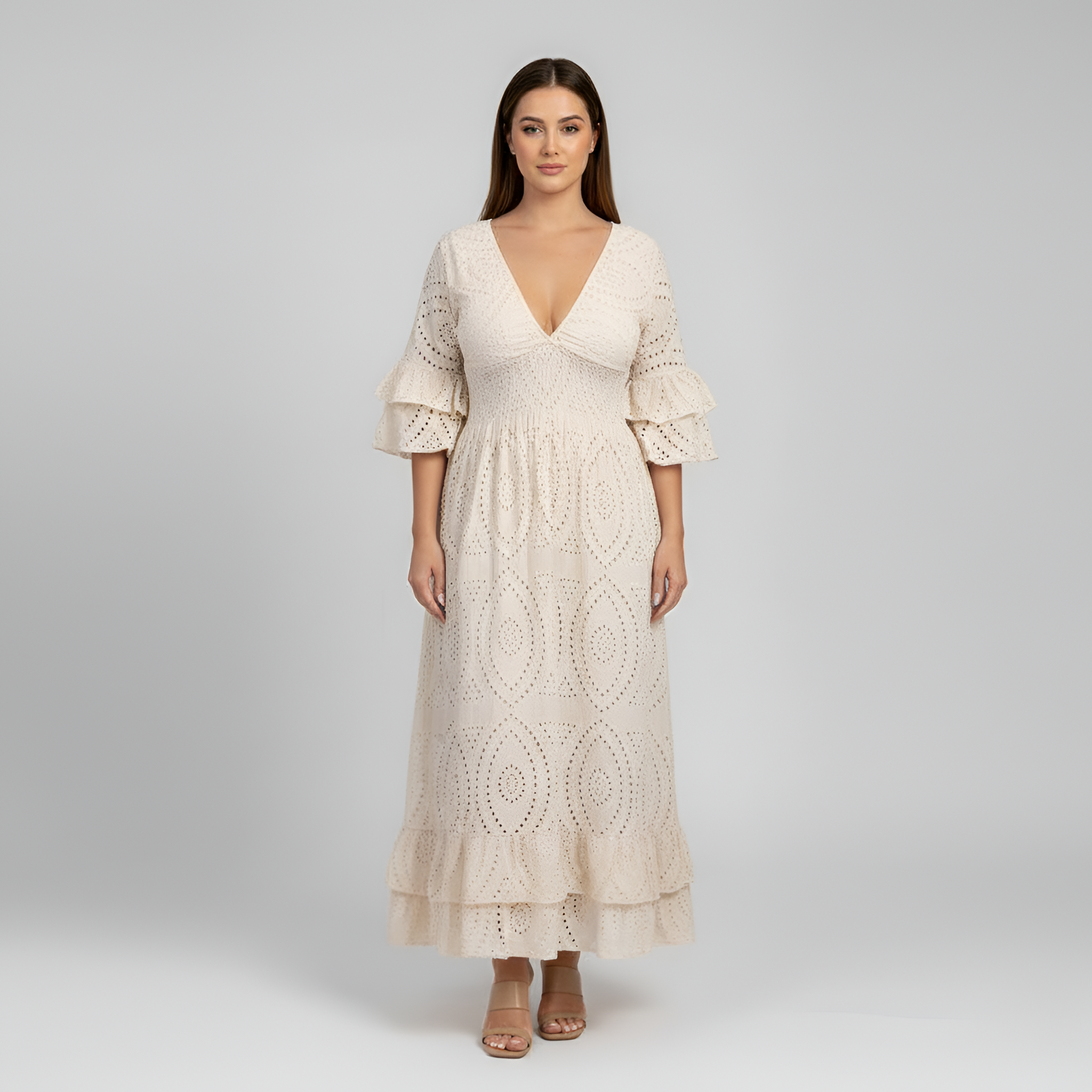 Rochie maxi de vară pentru femei, din dantelă, cu decolteu în V, mâneci cu volane și ochiuri