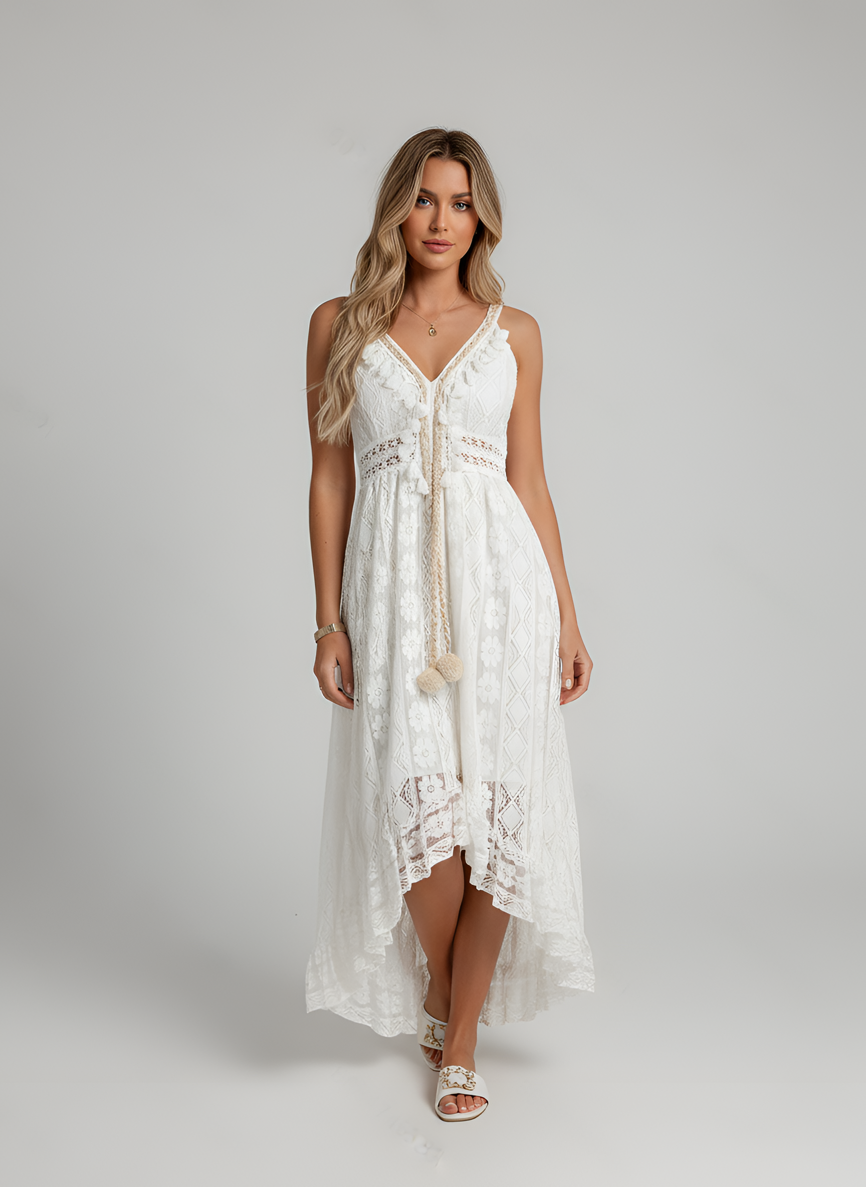 Vestido midi bohemio de encaje para mujer, sin mangas, con escote en V, vestido de verano de crochet