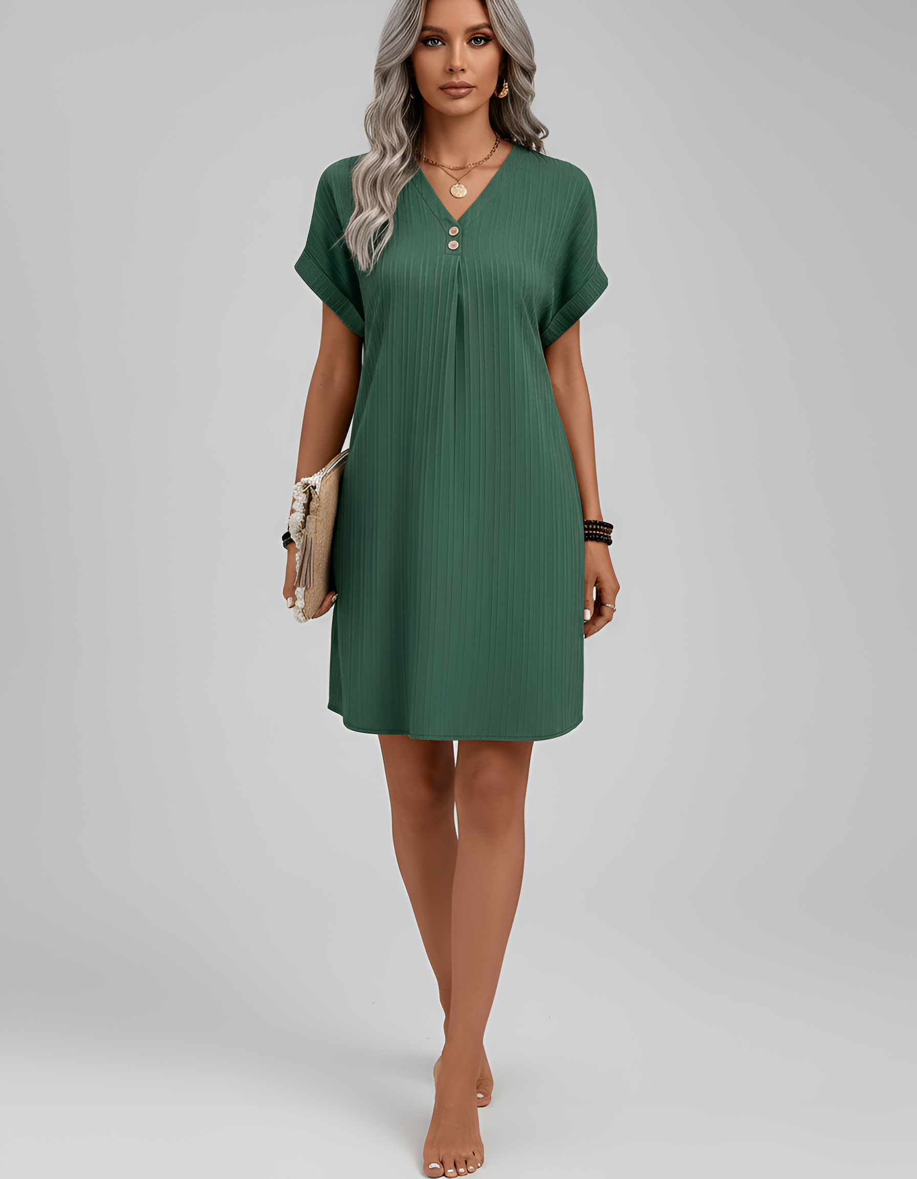 Robe T-shirt côtelée à col en V pour femme, manches courtes, robe mini décontractée