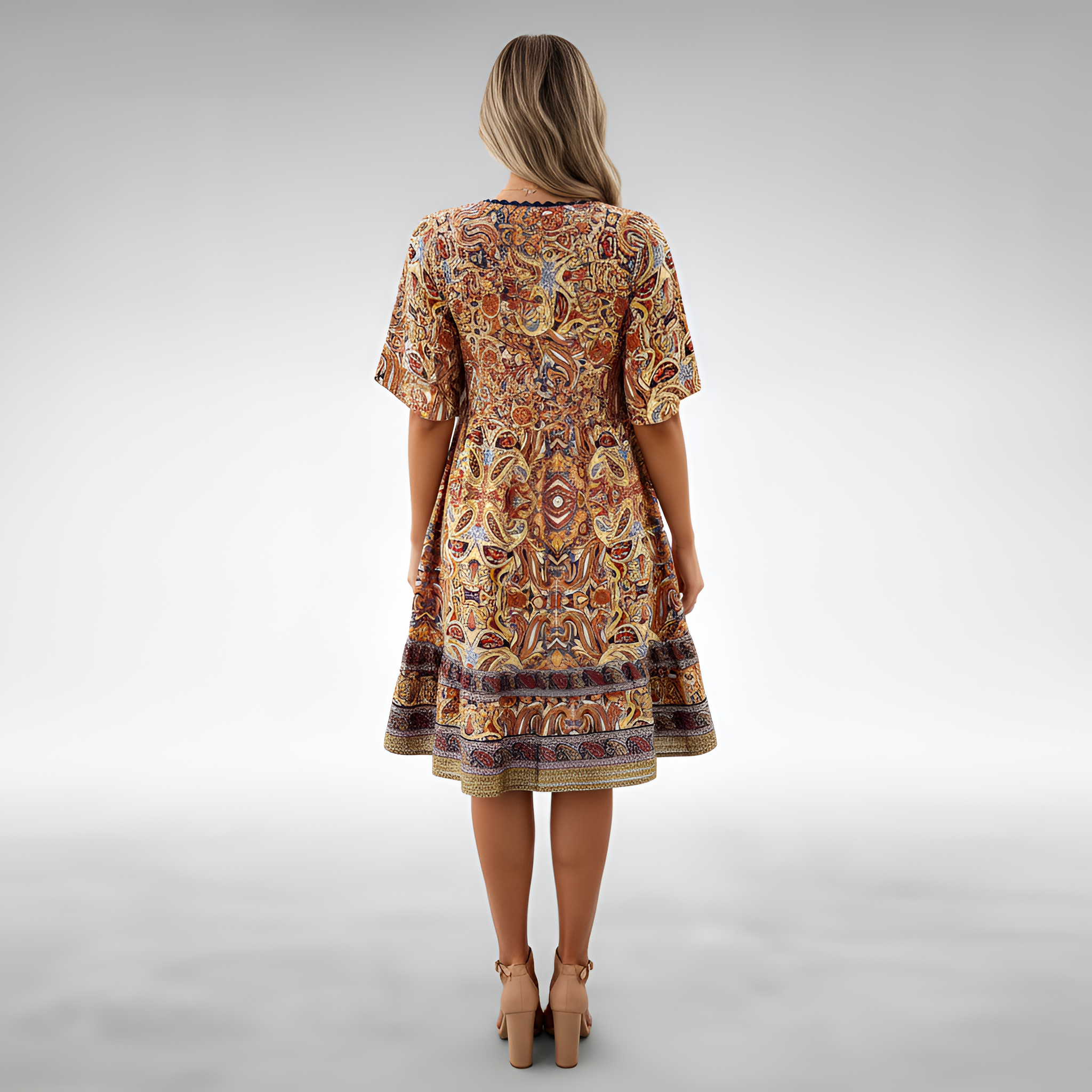 Vestido midi bohemio para mujer con escote en V, manga corta y estampado de cachemira, vestido de verano