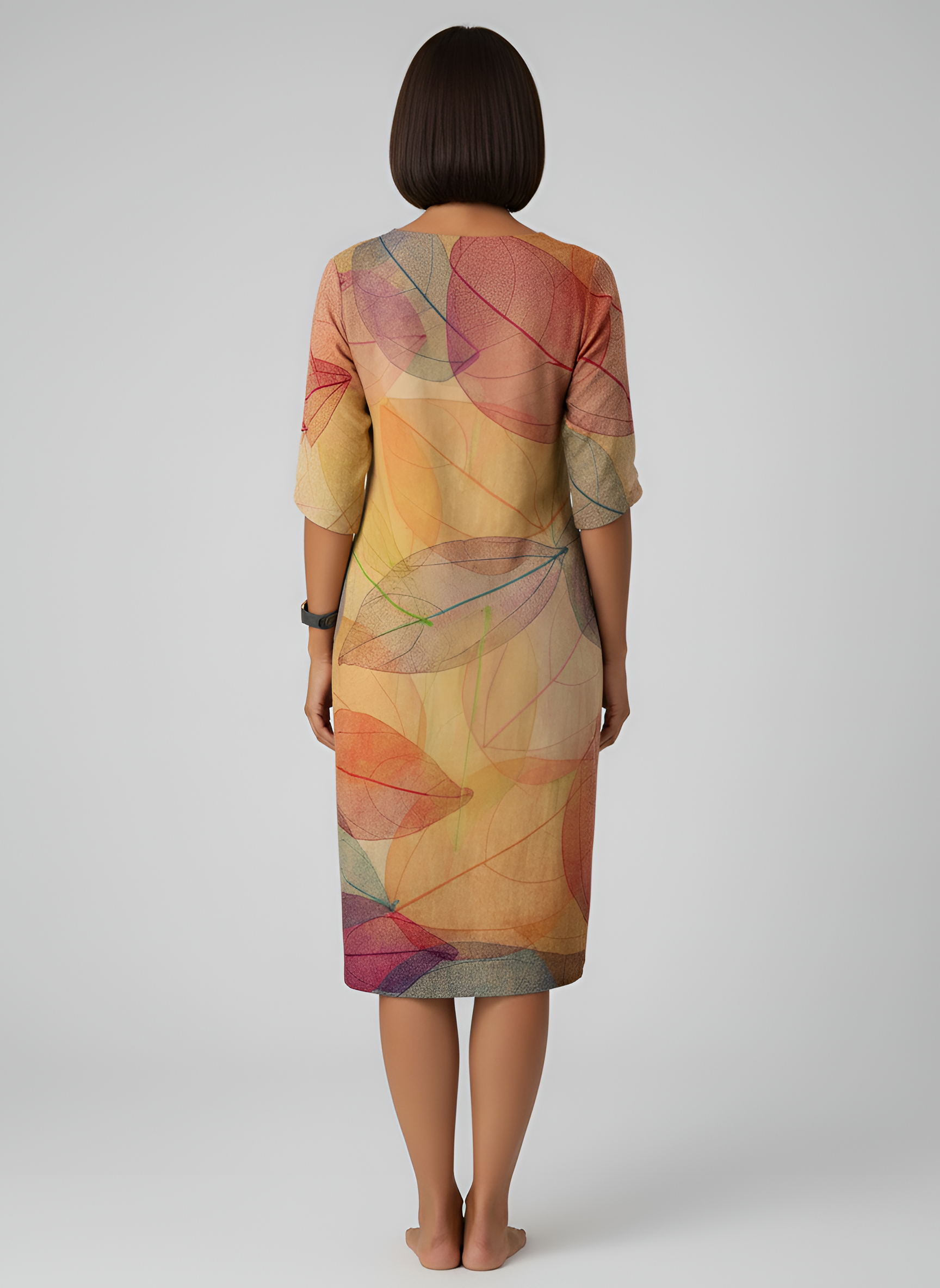 Women’s V-Neck Leaf Print Shift Dress 3/4 Sleeve Casual Midi Dress