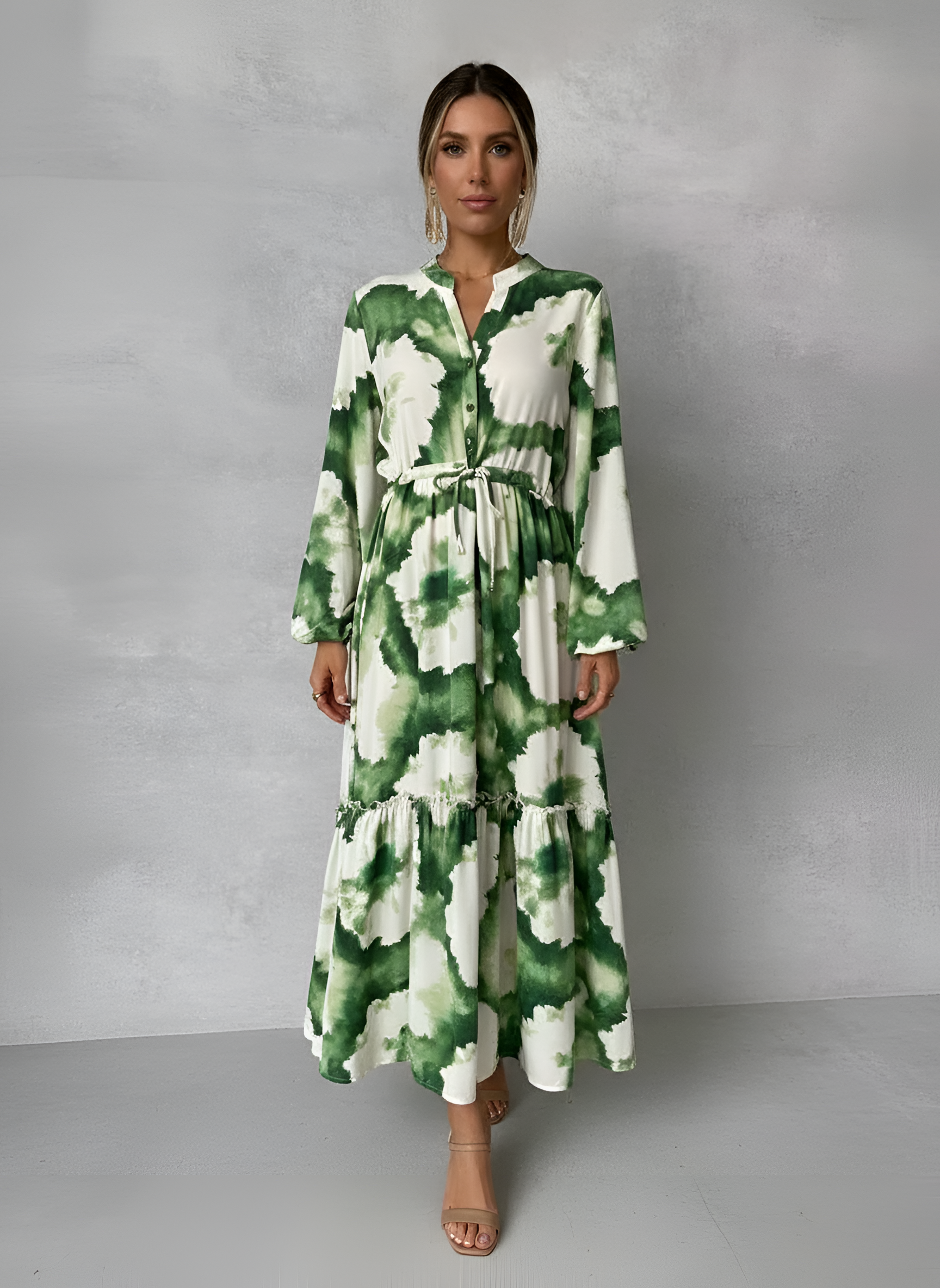 Vestido largo de manga larga para mujer con cinturón, línea A fluida, vestido de noche