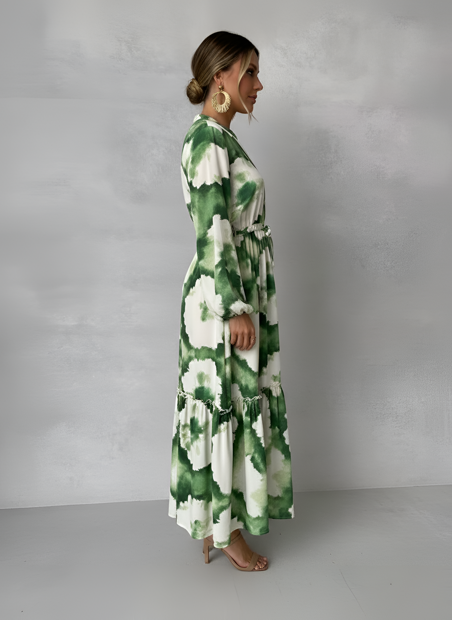 Vestido largo de manga larga para mujer con cinturón, línea A fluida, vestido de noche