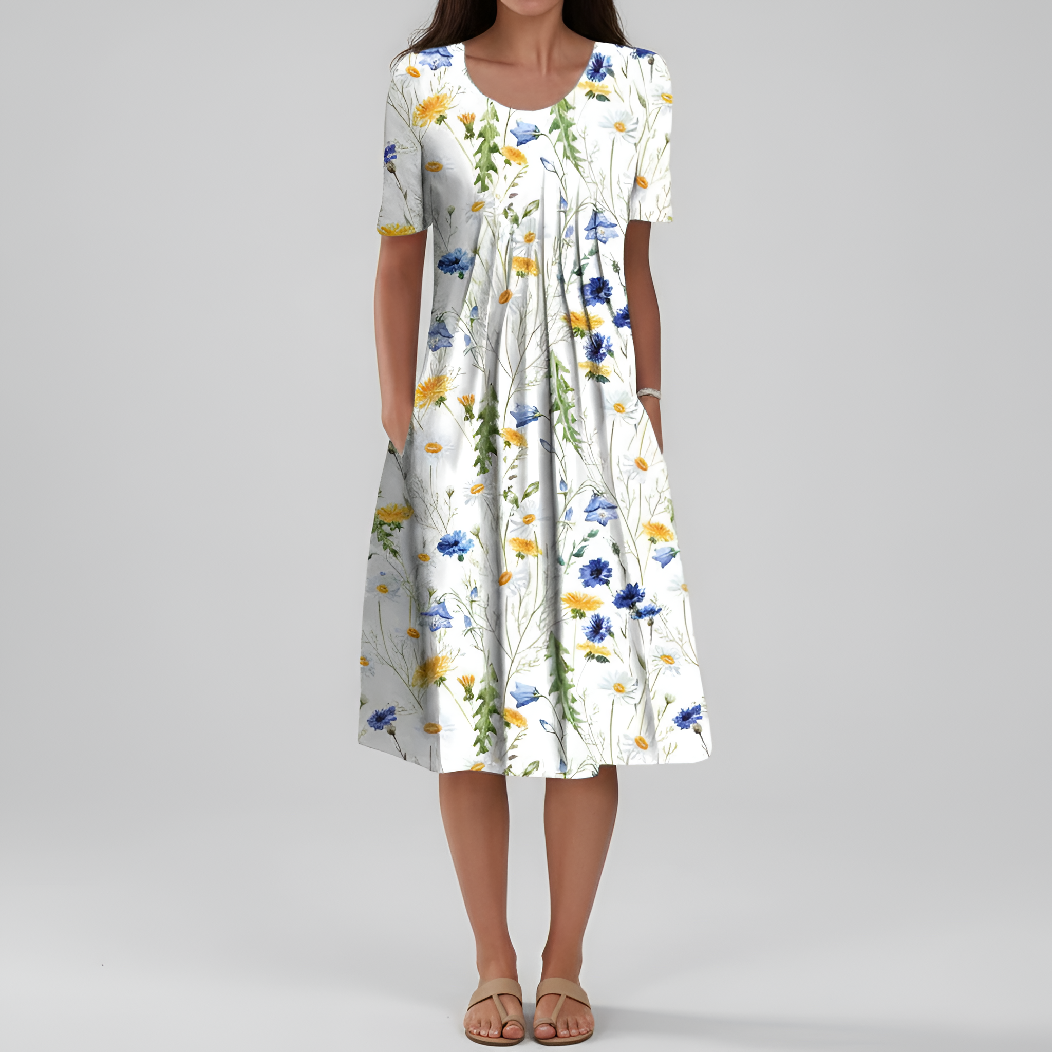 Vestido midi floral para mujer, manga corta, línea A, vestido casual de verano con bolsillos