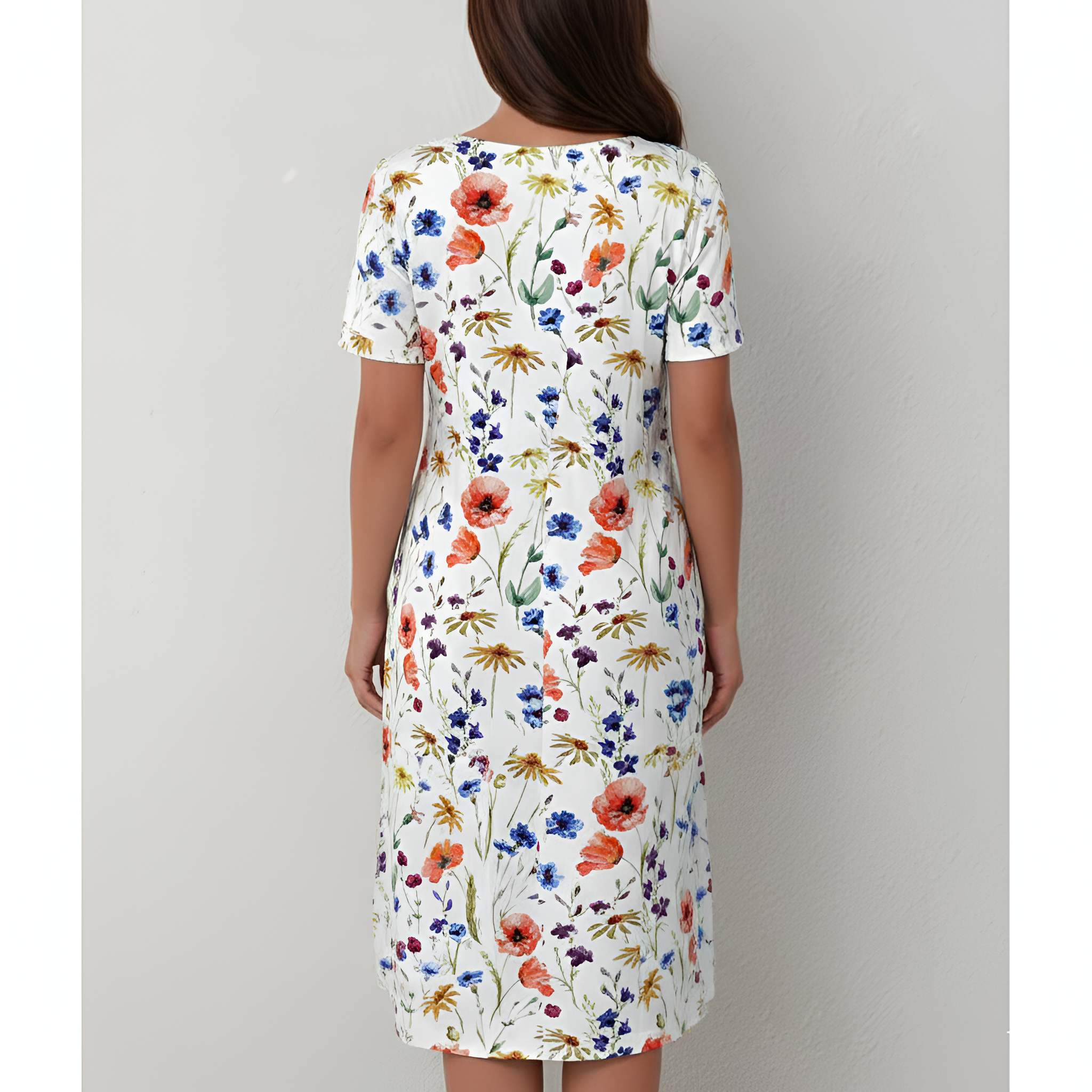 Vestido midi floral para mujer, manga corta, línea A, vestido casual de verano con bolsillos