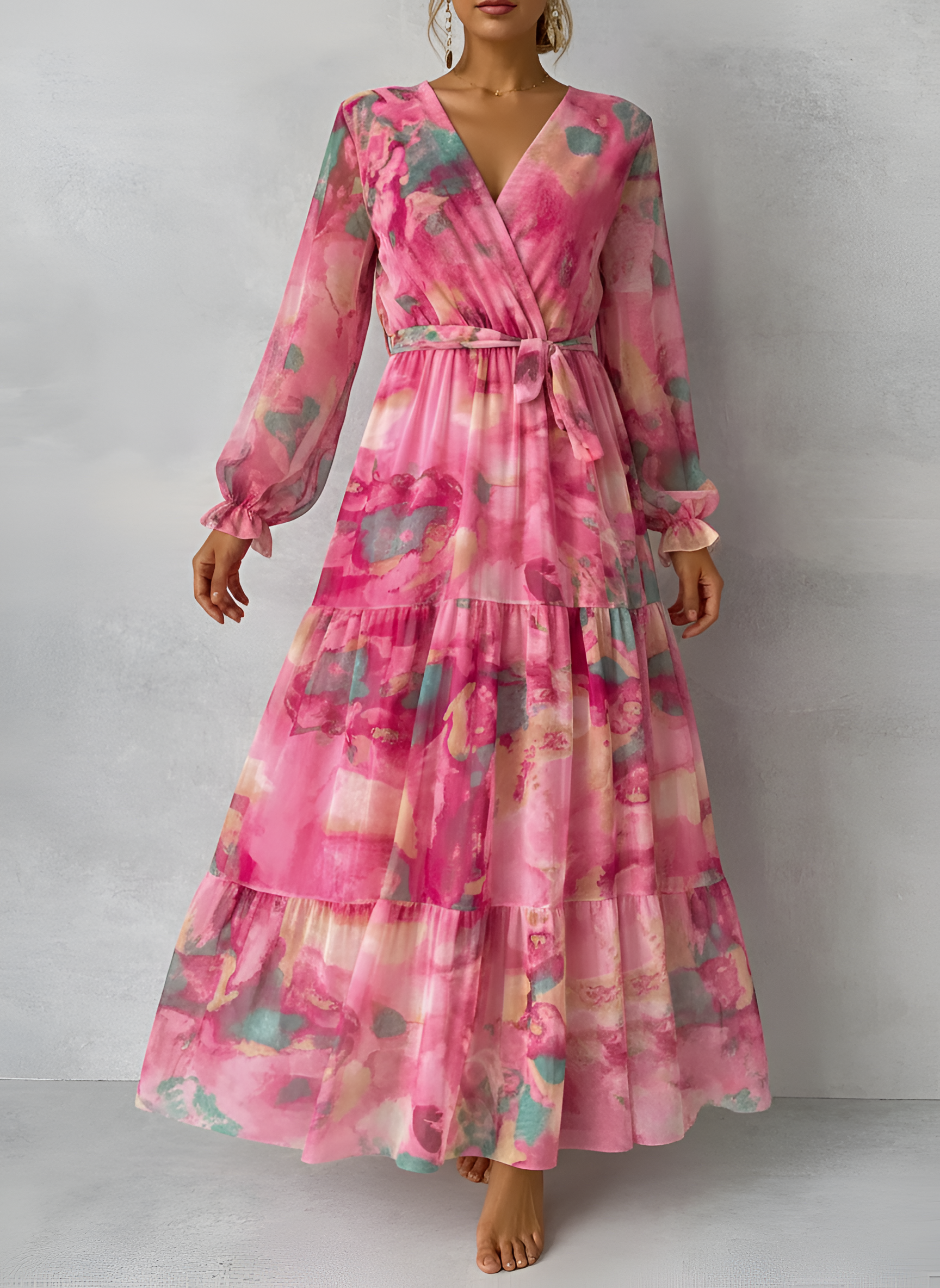 Robe longue portefeuille fleurie pour femme, manches longues, col en V, ceinturée