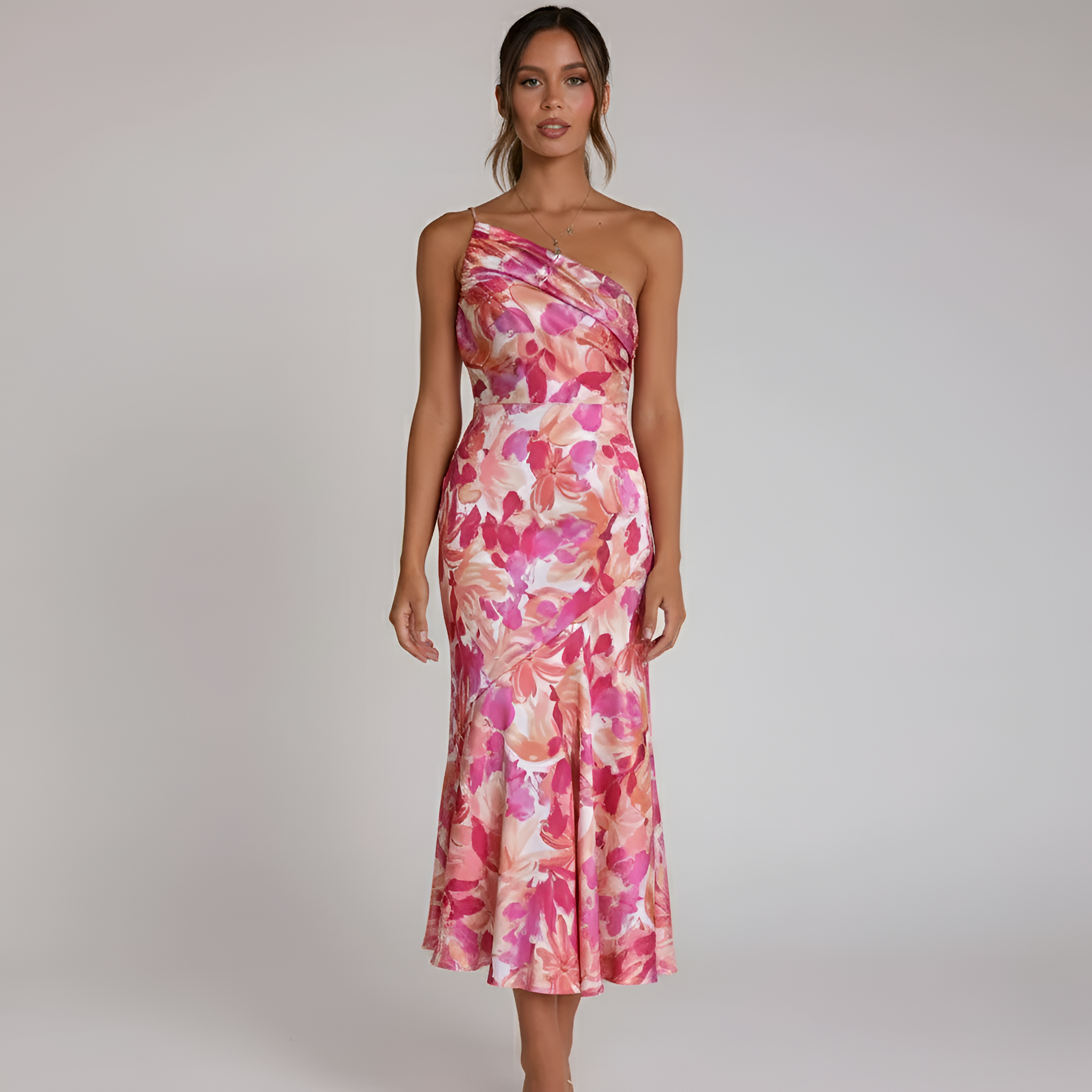 Vestido midi floral asimétrico de un solo hombro para mujer, elegante para fiestas