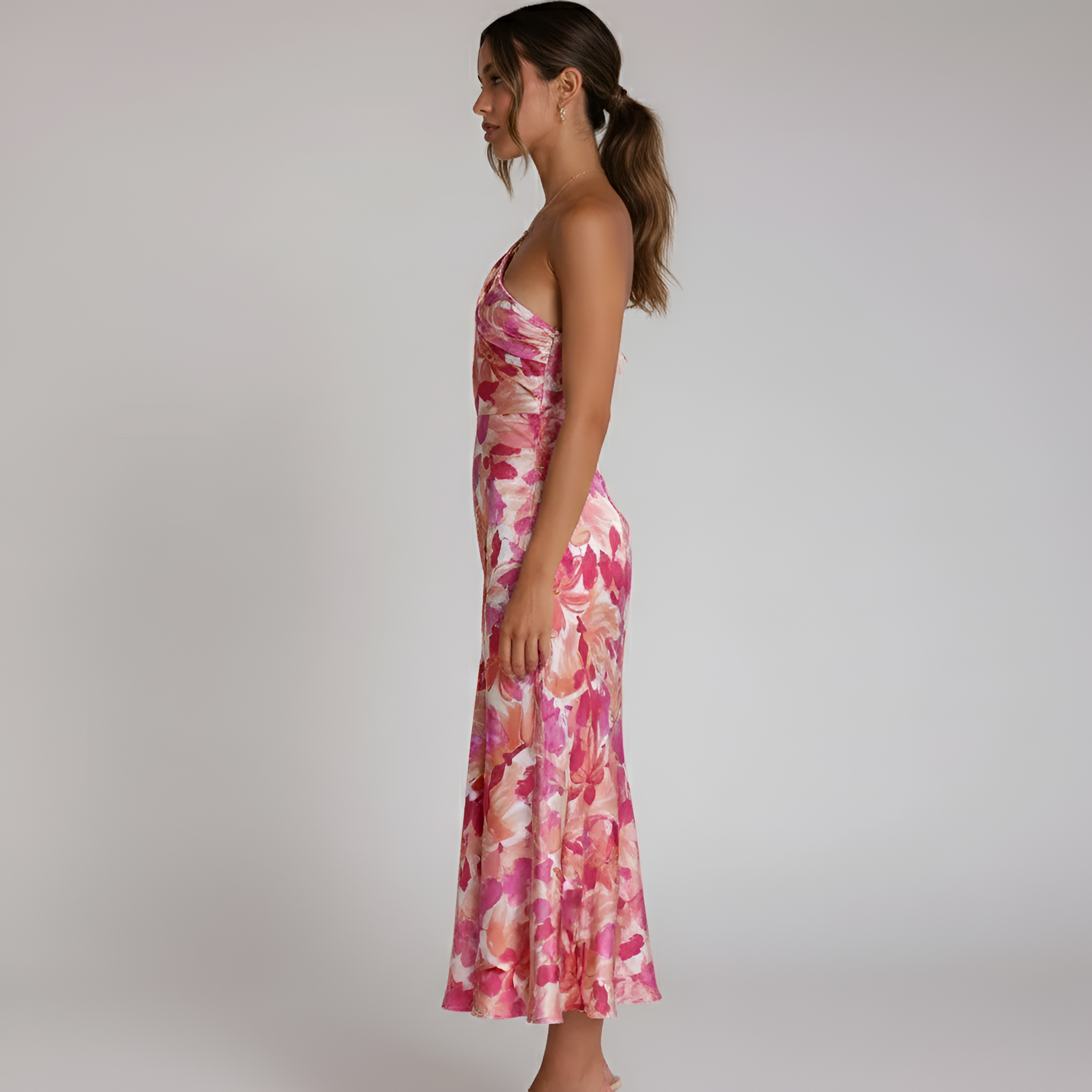 Vestido midi floral asimétrico de un solo hombro para mujer, elegante para fiestas