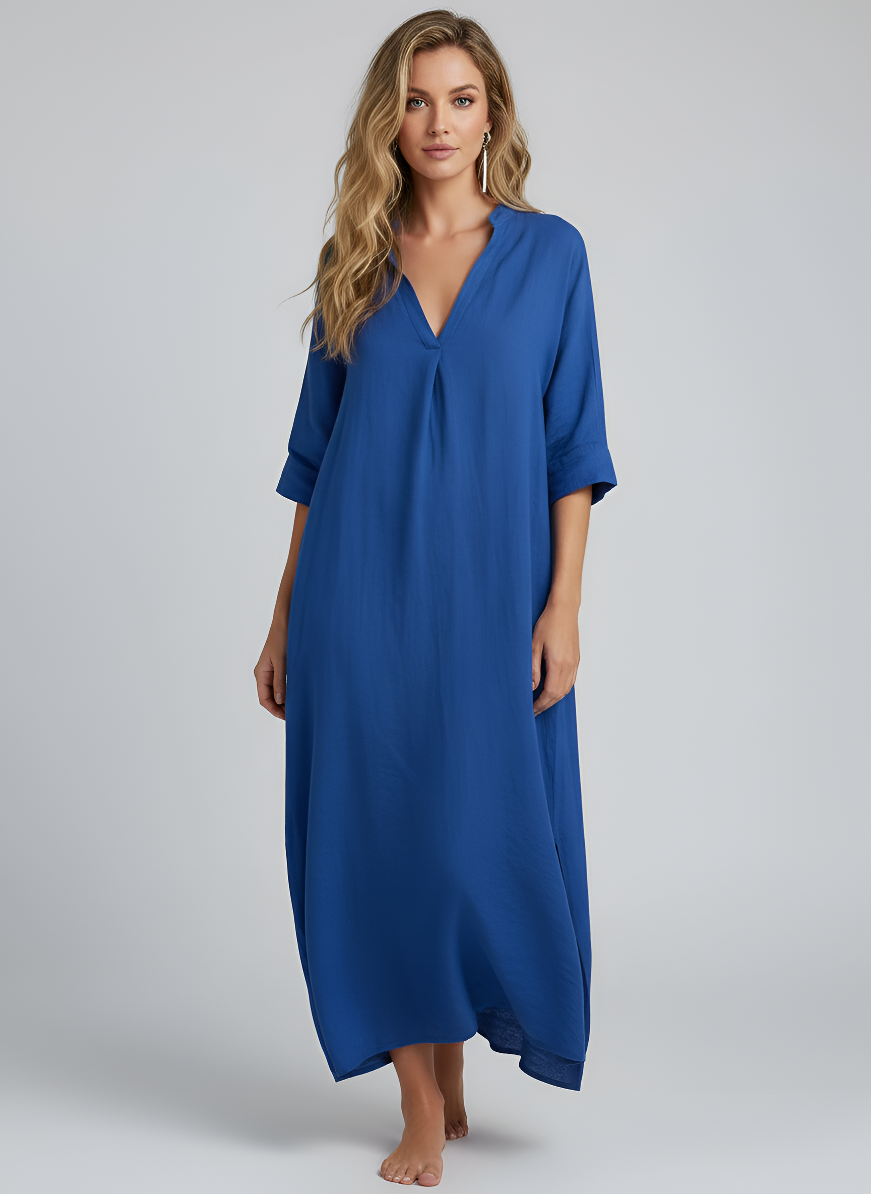 Vestido largo de verano casual para mujer, de algodón y lino, corte suelto, escote en V