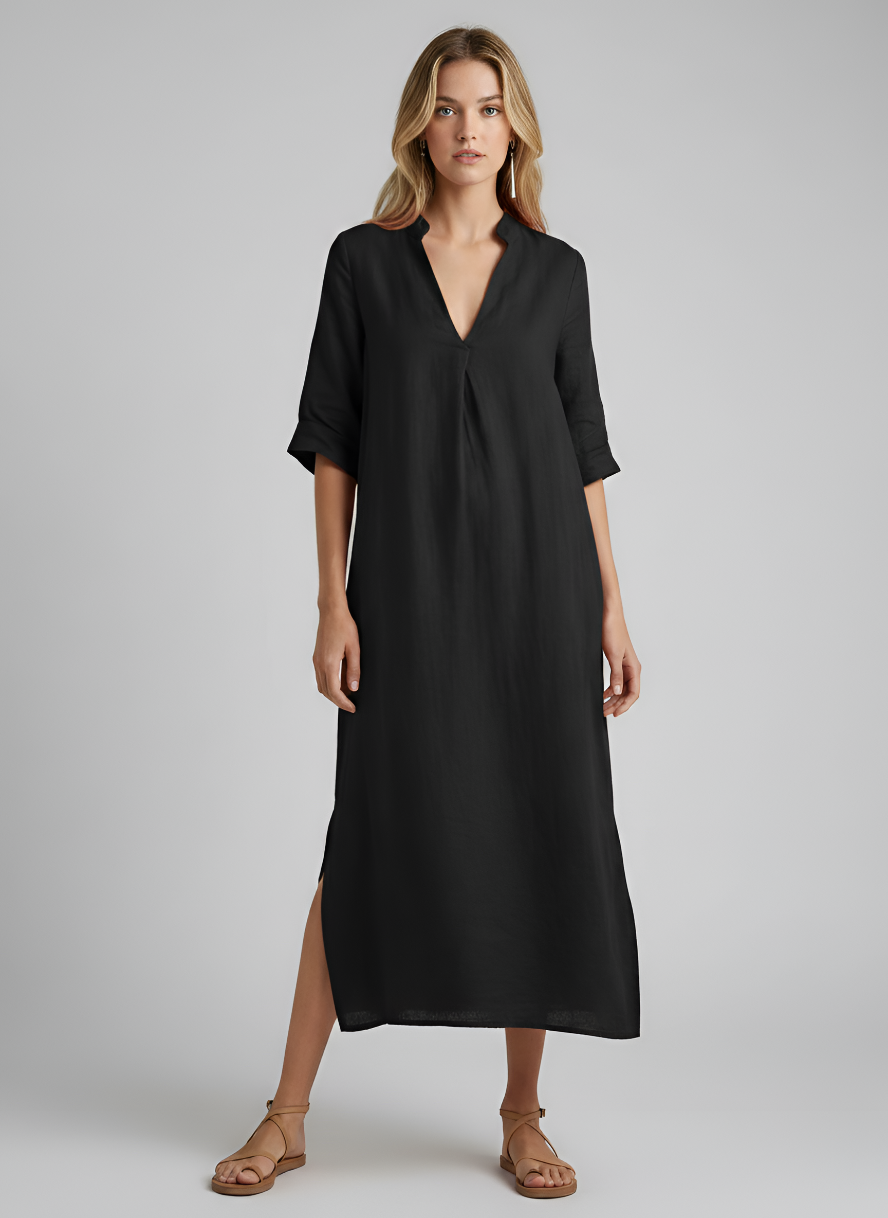 Vestido largo de verano casual para mujer, de algodón y lino, corte suelto, escote en V