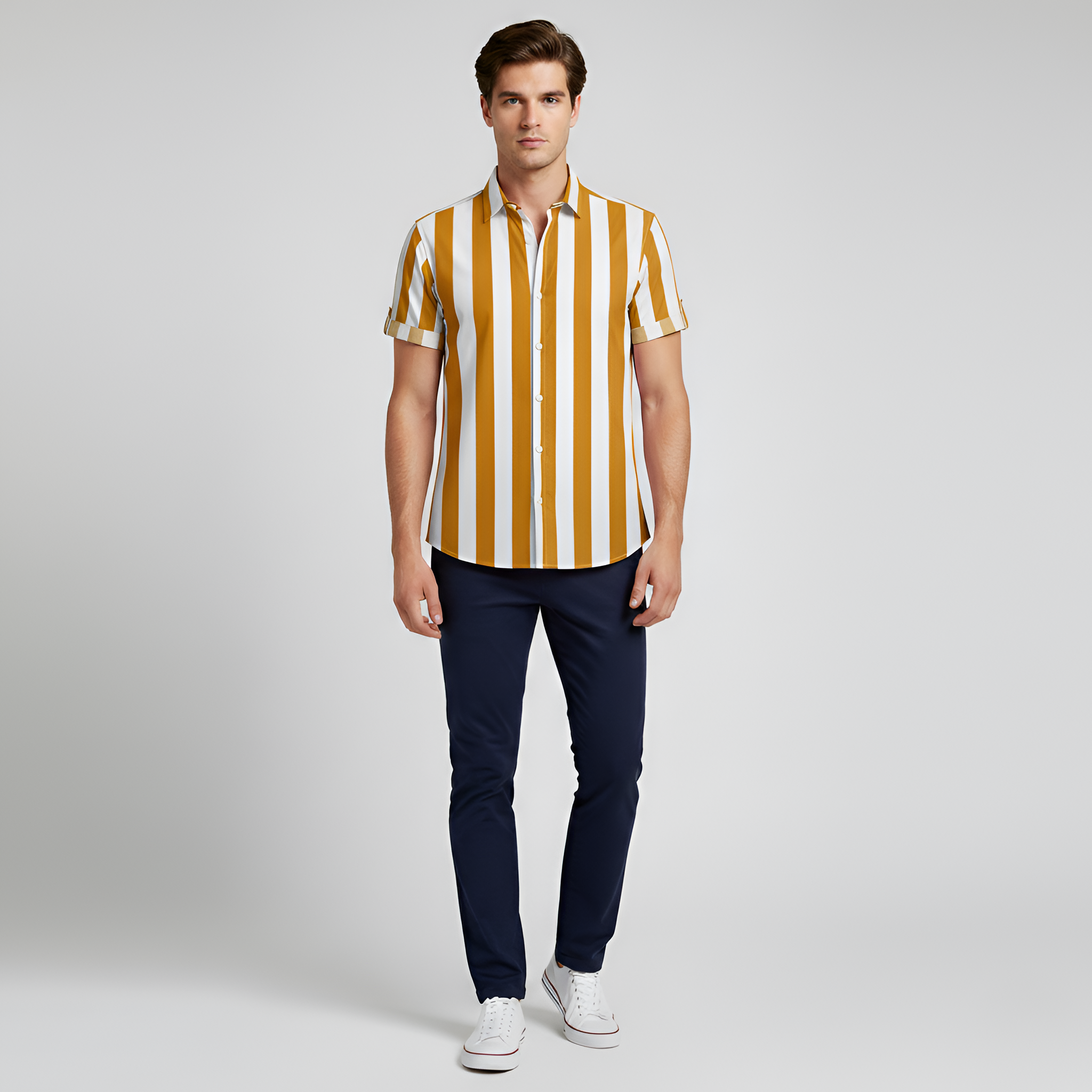 Camisa de hombre a rayas de manga corta con botones, camisa ligera casual de verano