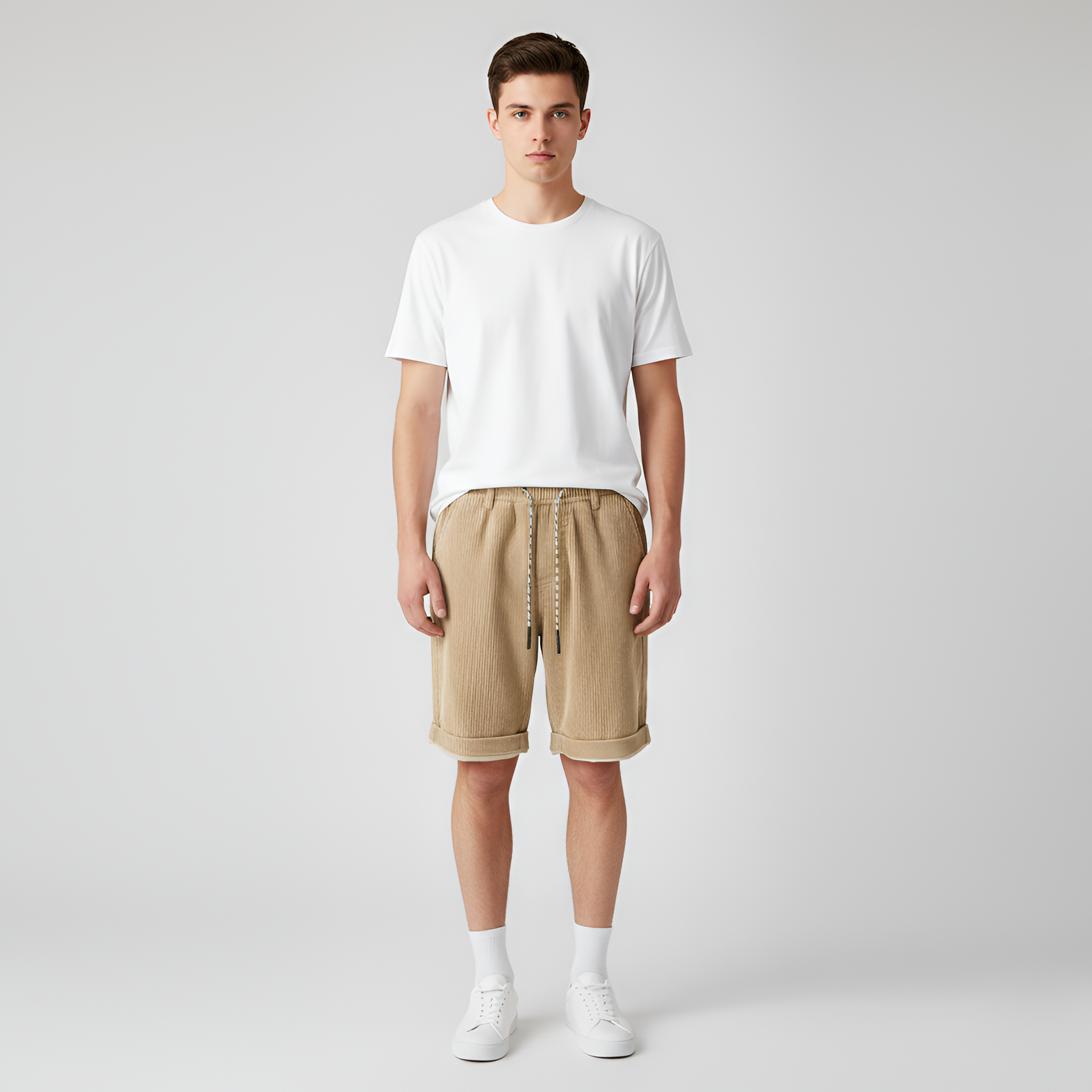 Pantaloni scurți bărbați din bumbac cu șnur, casual, de vară, talie elastică, pantaloni scurți ușori