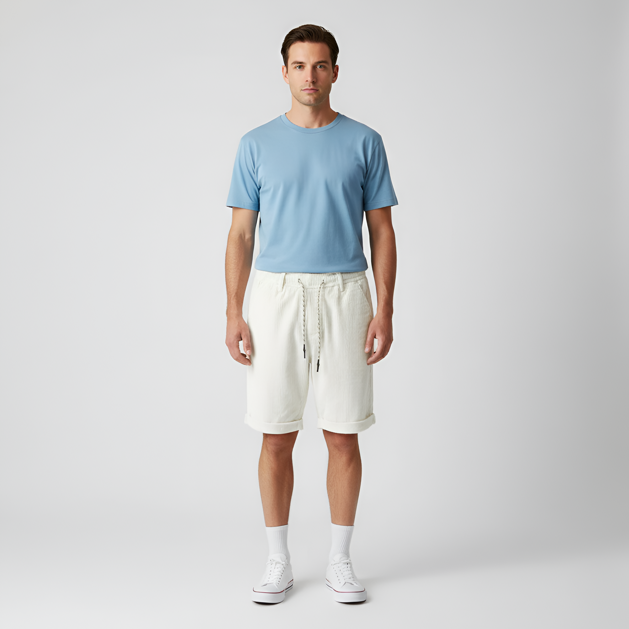 Pantaloni scurți bărbați din bumbac cu șnur, casual, de vară, talie elastică, pantaloni scurți ușori