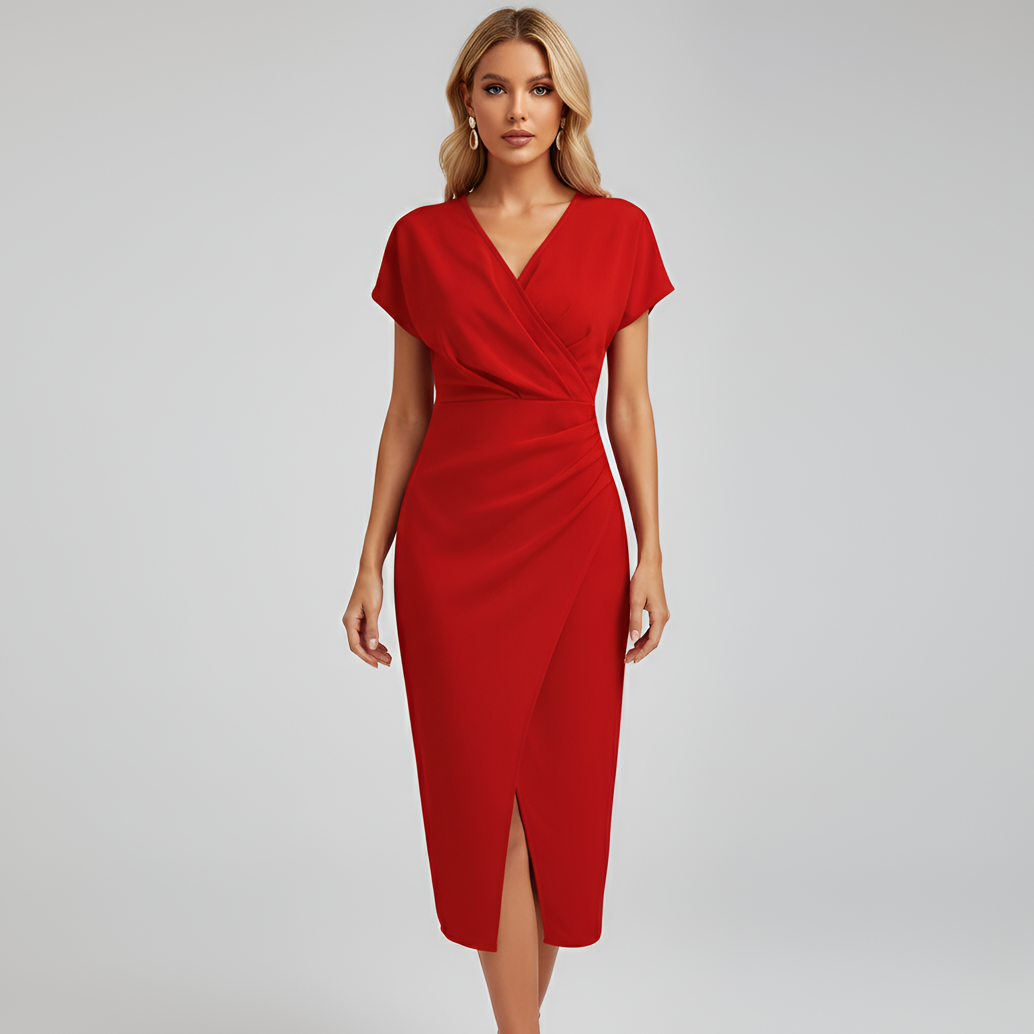 Rochie midi înfășurată pentru femei, cu decolteu în V, mâneci scurte, elegantă, pentru petrecere și seară