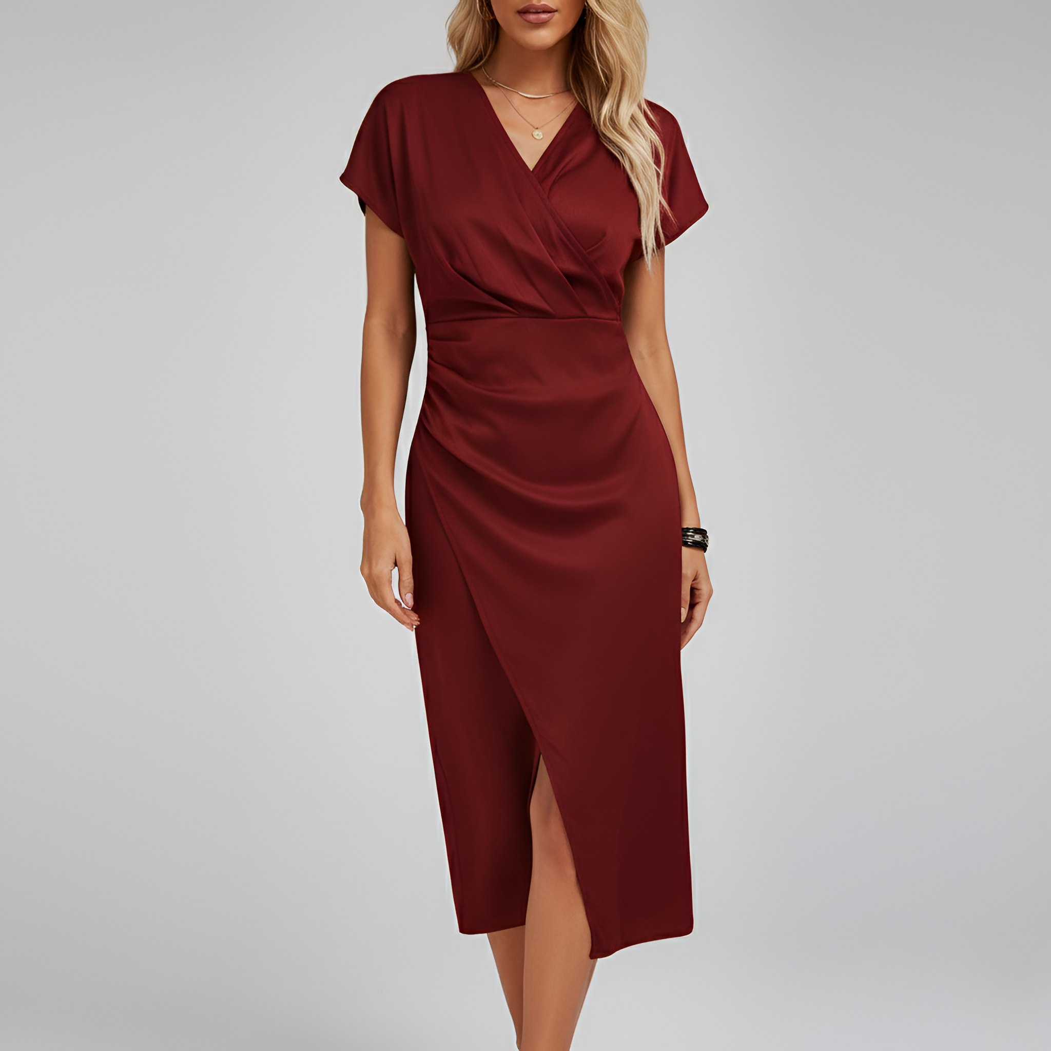 Rochie midi înfășurată pentru femei, cu decolteu în V, mâneci scurte, elegantă, pentru petrecere și seară