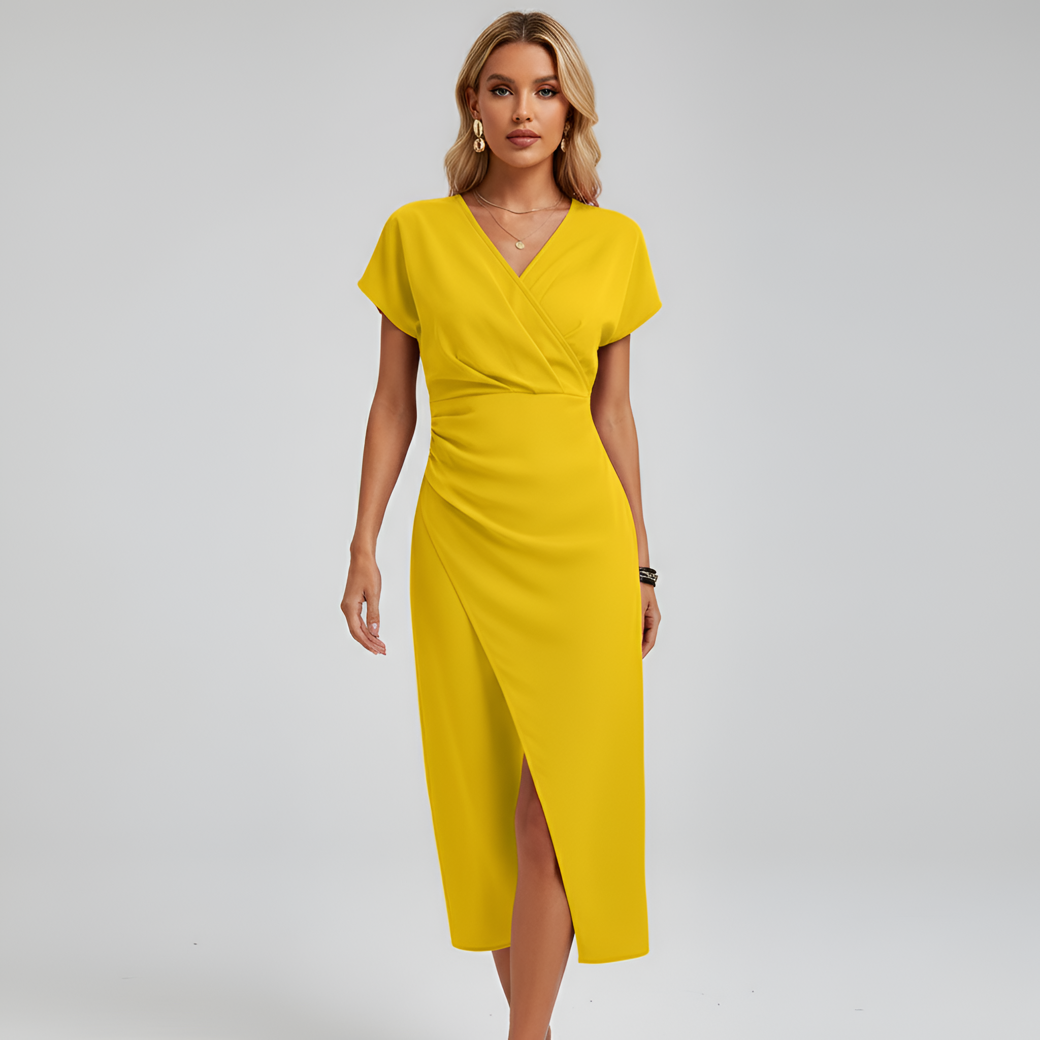 Rochie midi înfășurată pentru femei, cu decolteu în V, mâneci scurte, elegantă, pentru petrecere și seară